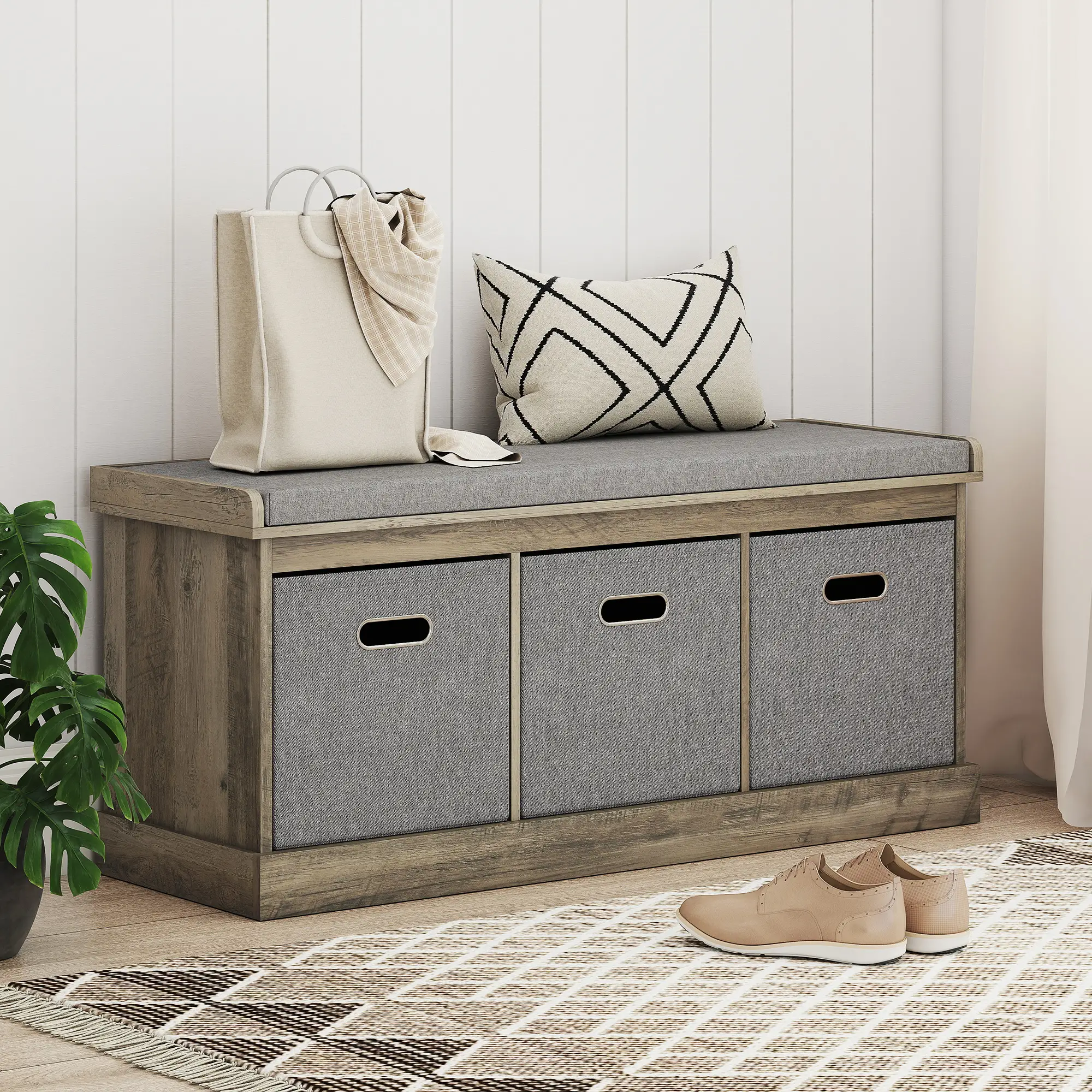 Shoe Storage Bench with Seat, 3 Fabric Drawers, Washed Grey - Image 10