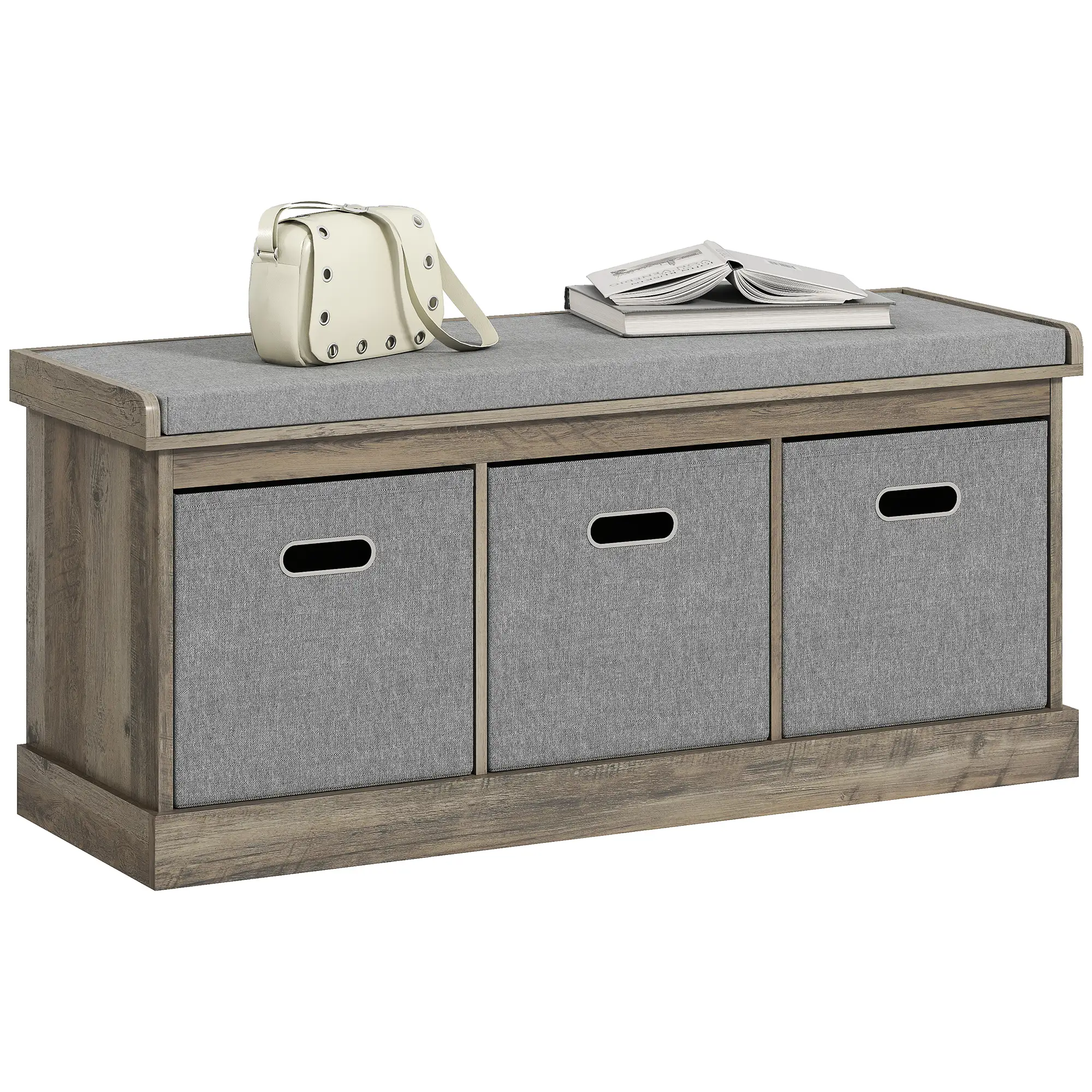 Shoe Storage Bench with Seat, 3 Fabric Drawers, Washed Grey - Image 11