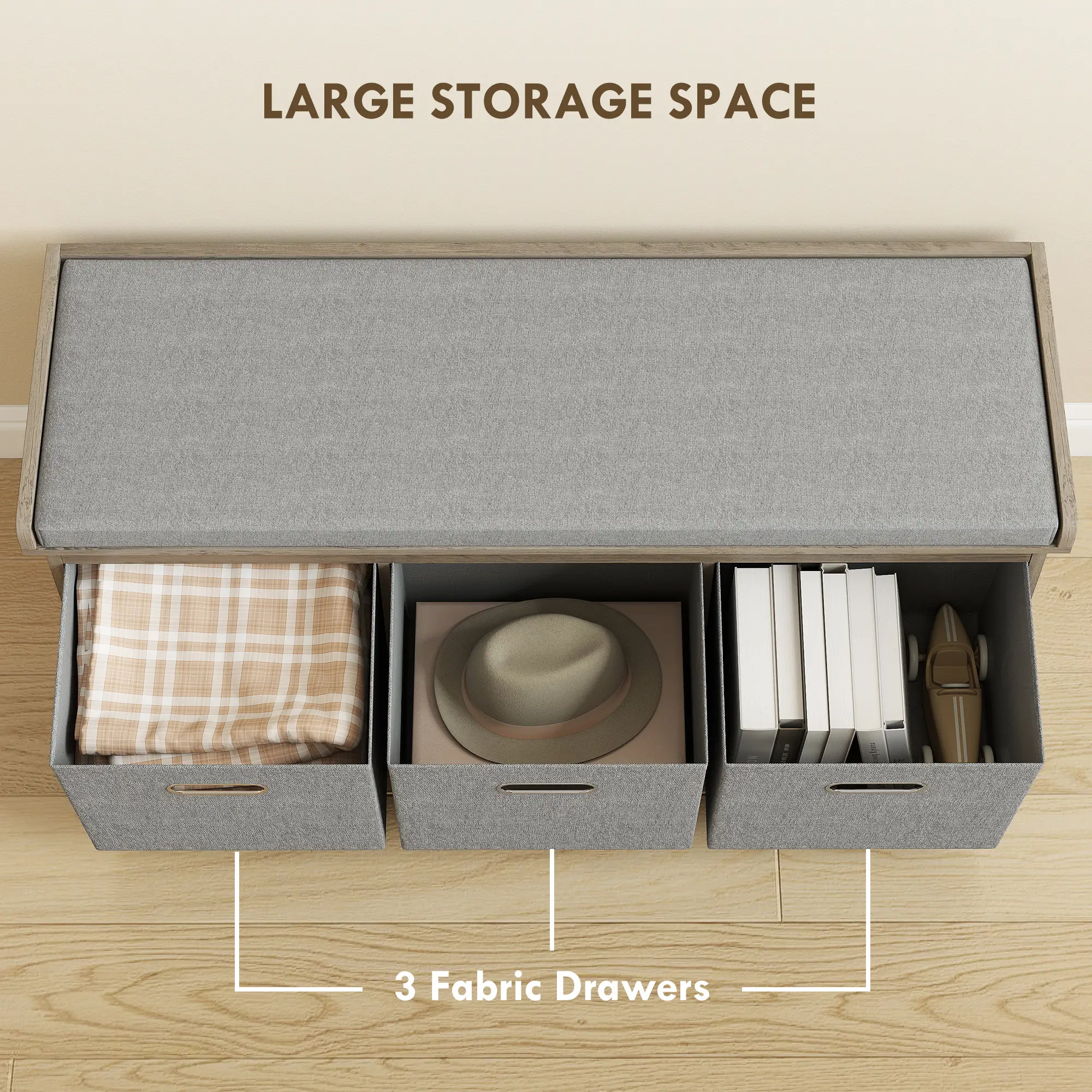 Shoe Storage Bench with Seat, 3 Fabric Drawers, Washed Grey - Image 5