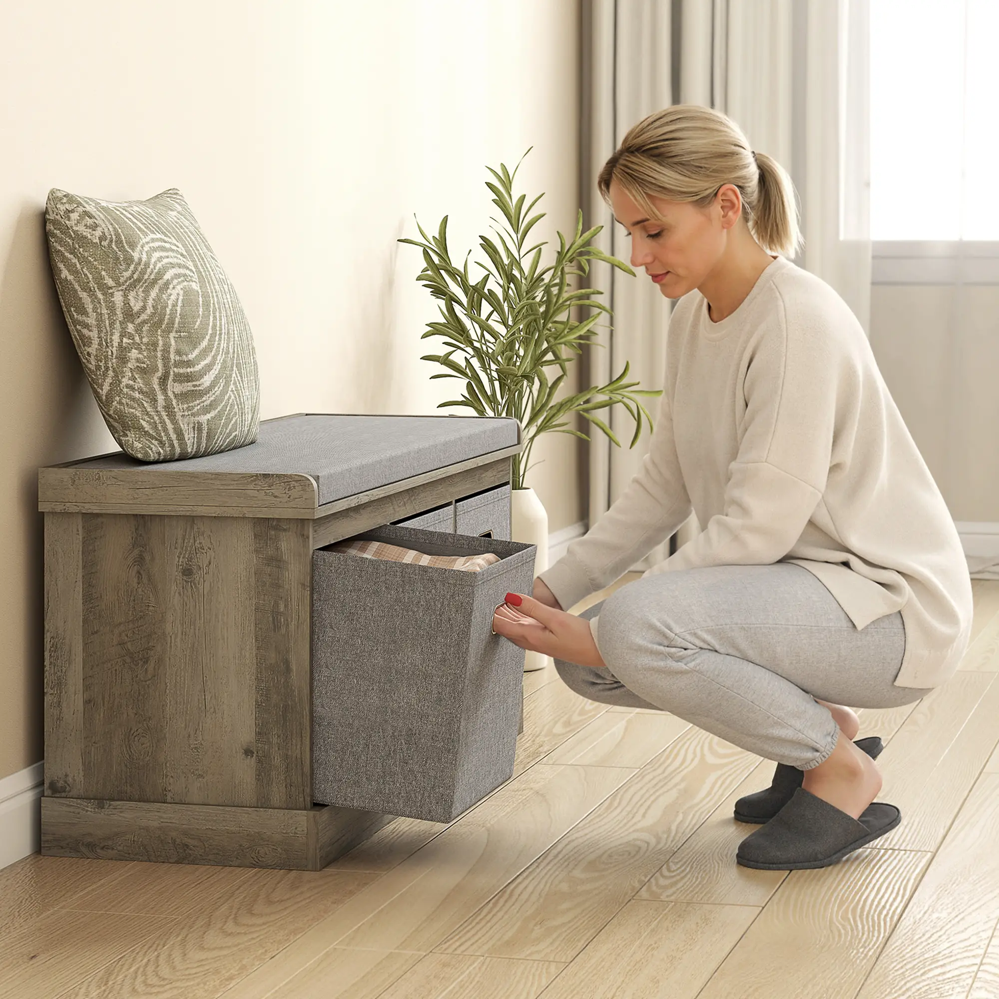 Shoe Storage Bench with Seat, 3 Fabric Drawers, Washed Grey - Image 7