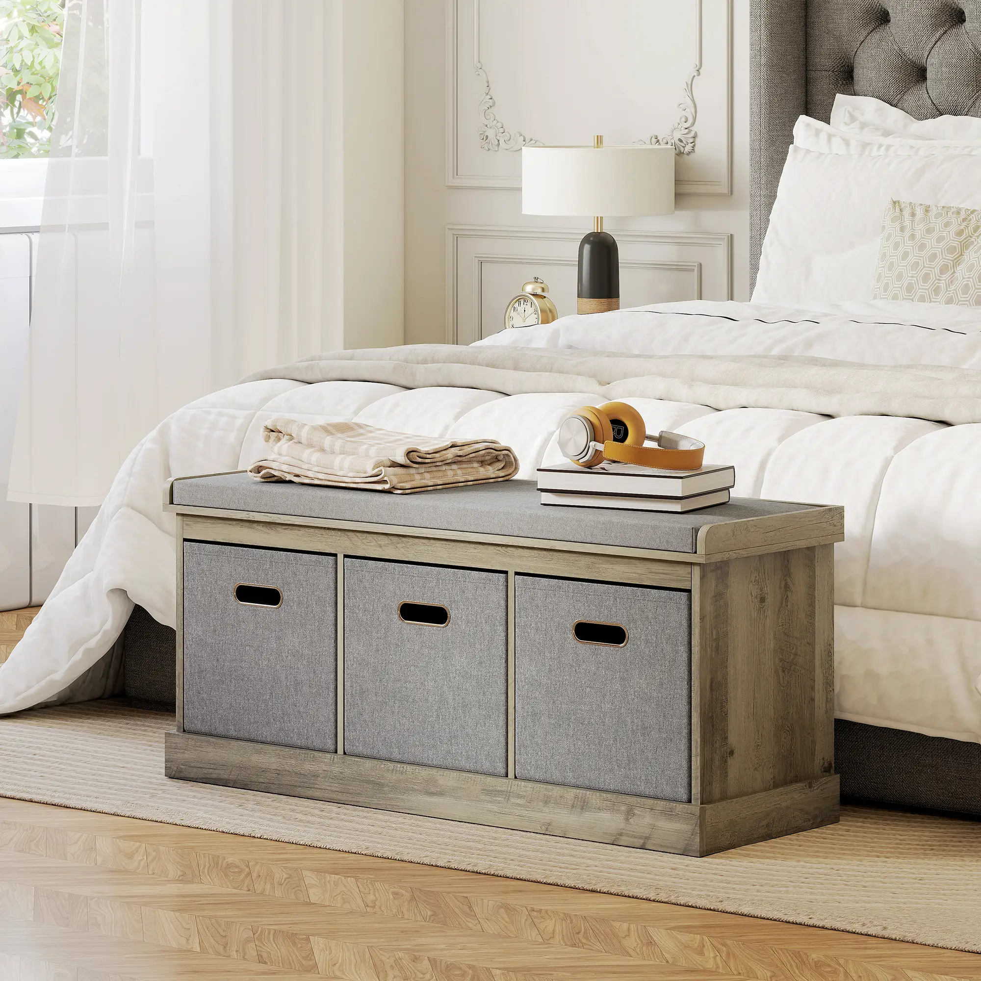 Shoe Storage Bench with Seat, 3 Fabric Drawers, Washed Grey - Image 9