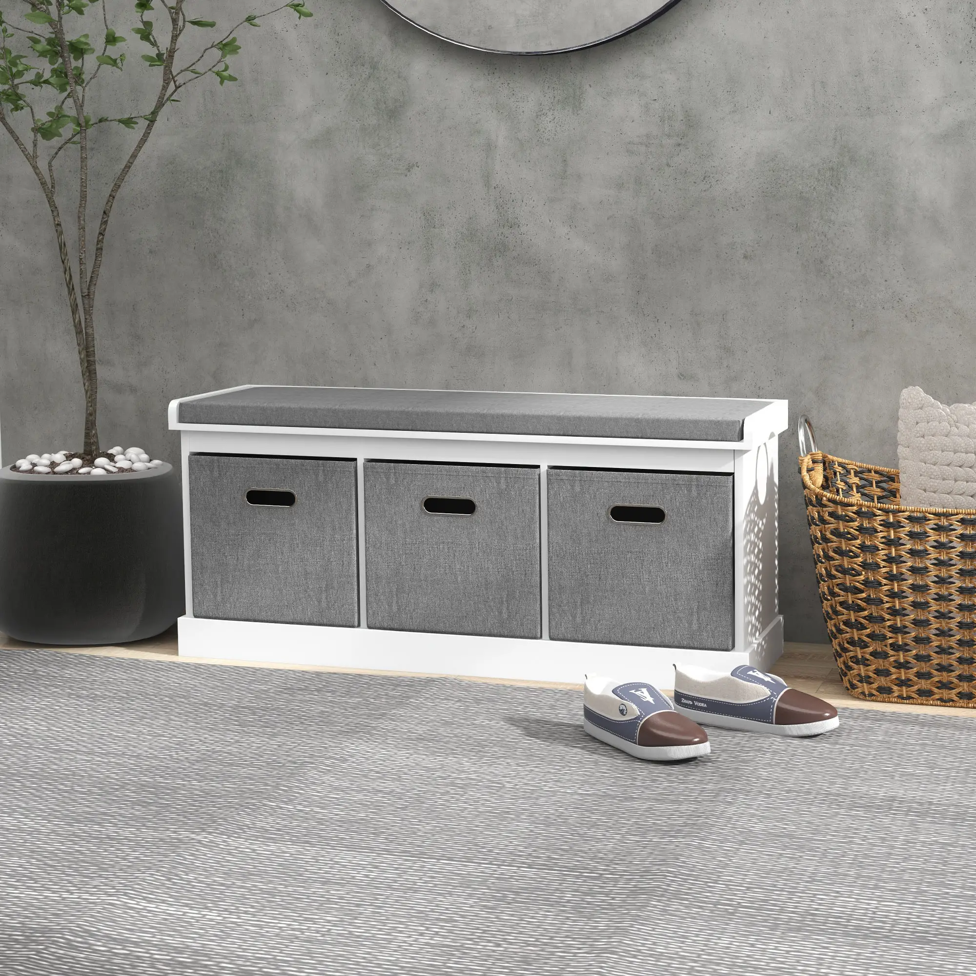 Shoe Storage Bench With Seat, 3 Fabric Drawers, White - Image 2