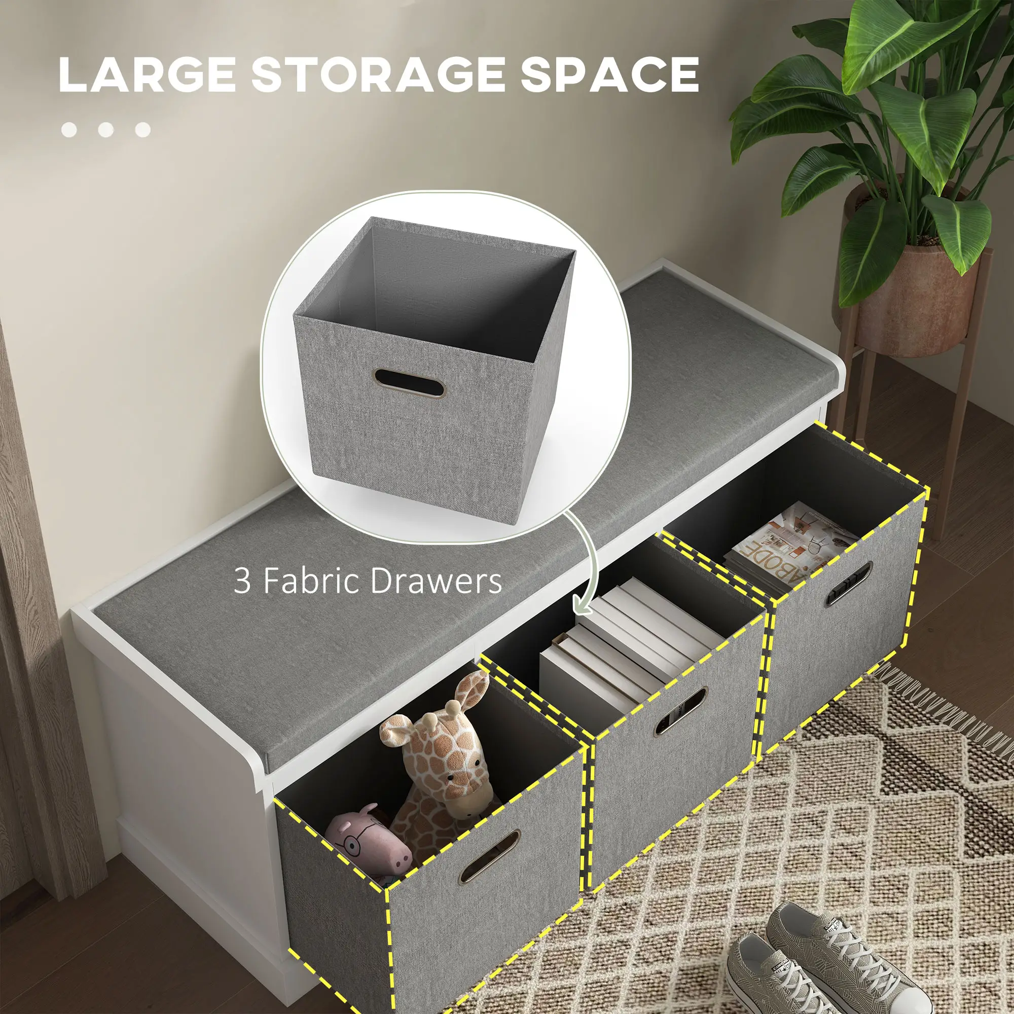 Shoe Storage Bench With Seat, 3 Fabric Drawers, White - Image 5