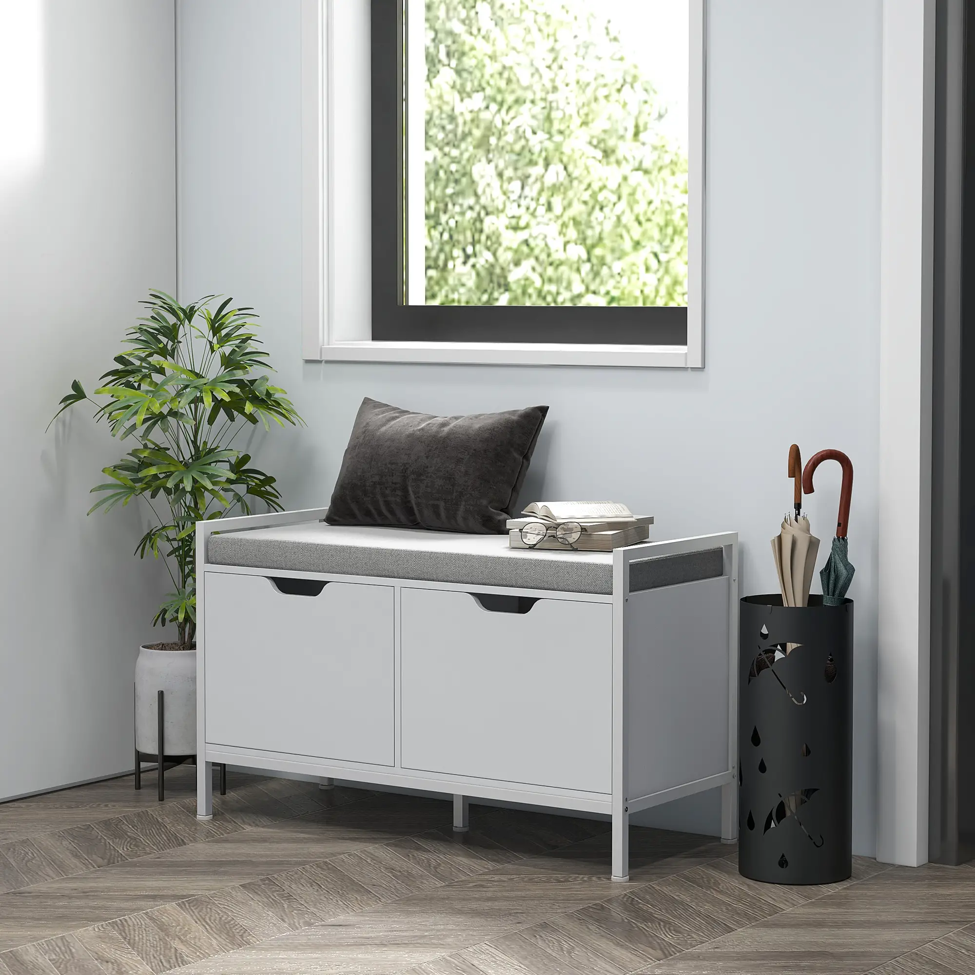 Shoe Storage Bench with Seat Cushion, Hallway Cabinet, 352lbs, White - Image 2