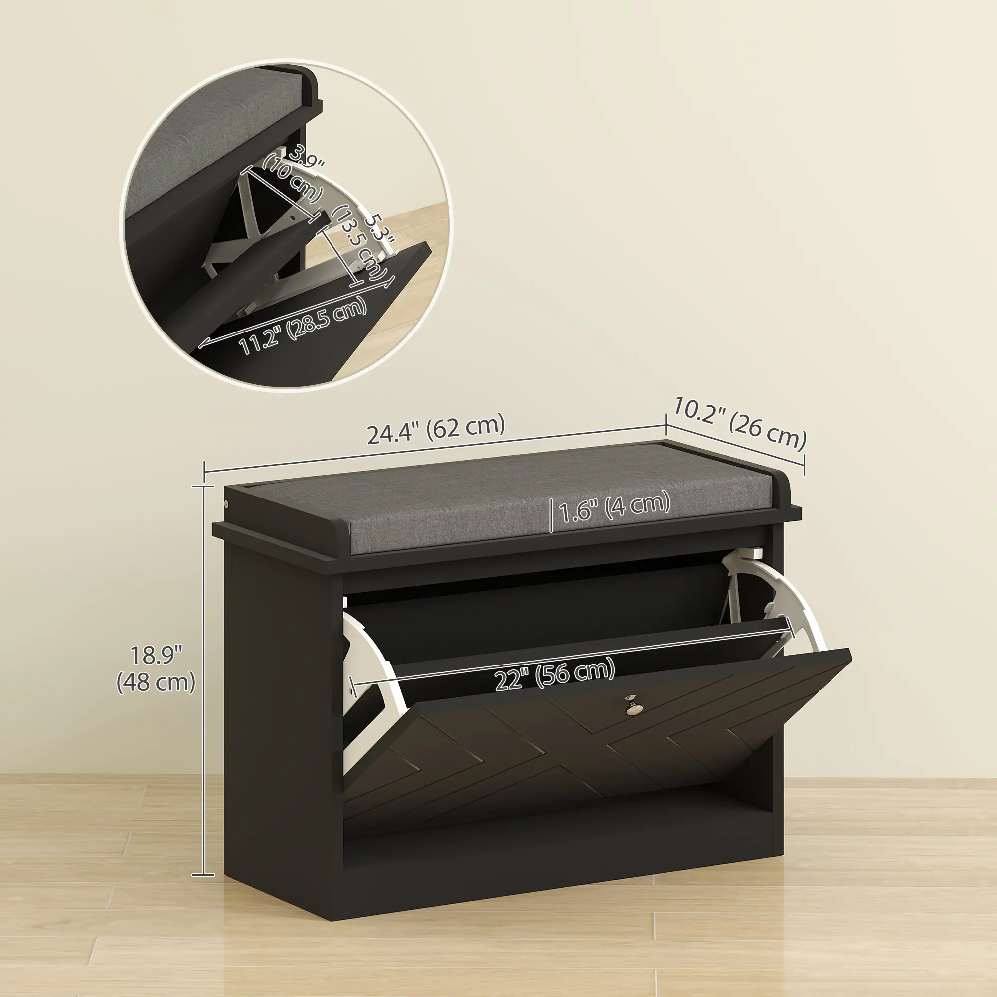 Shoe Storage Bench with Seat, Flip Drawer, Adjustable Shelf, 6 Pairs - Image 3
