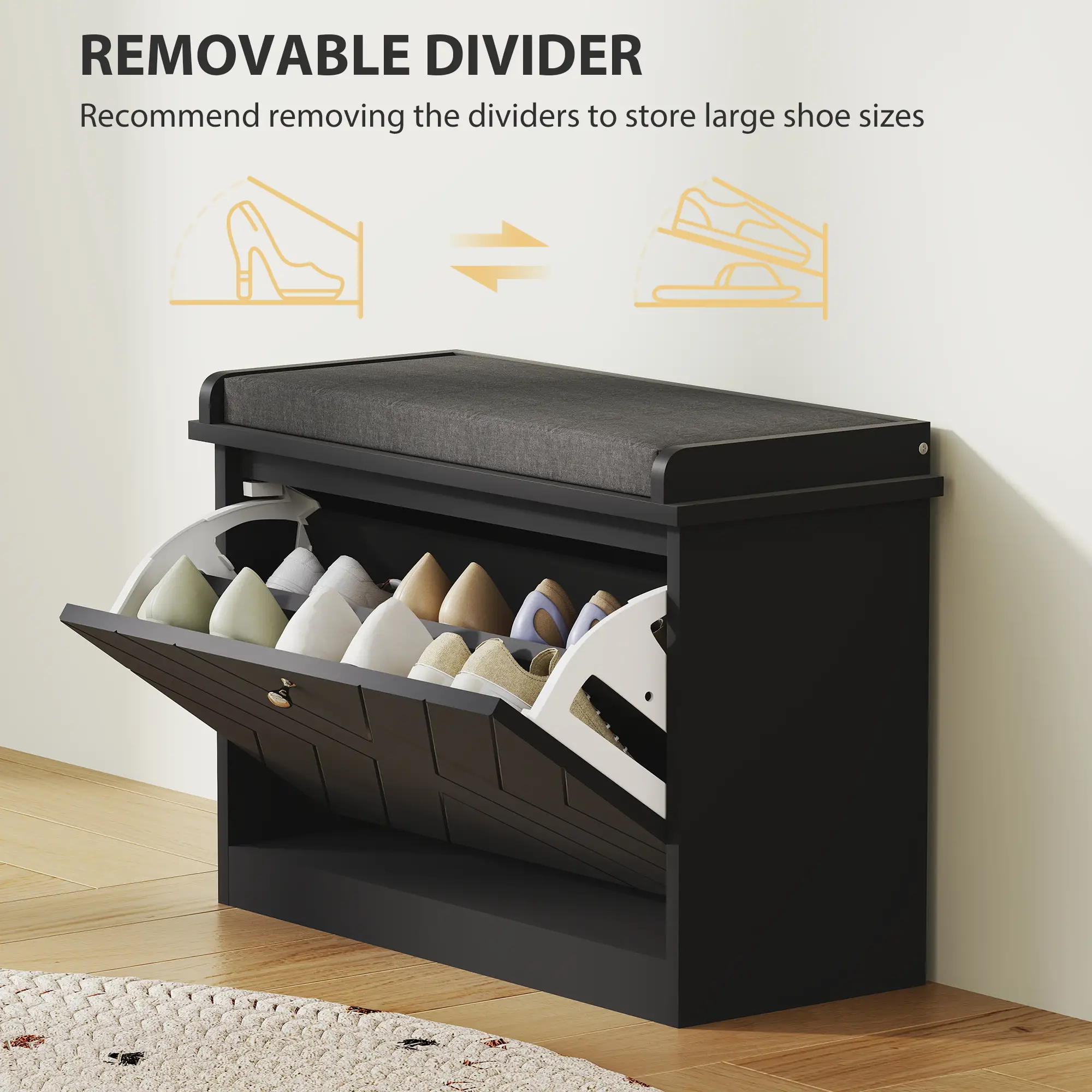 Shoe Storage Bench with Seat, Flip Drawer, Adjustable Shelf, 6 Pairs - Image 6