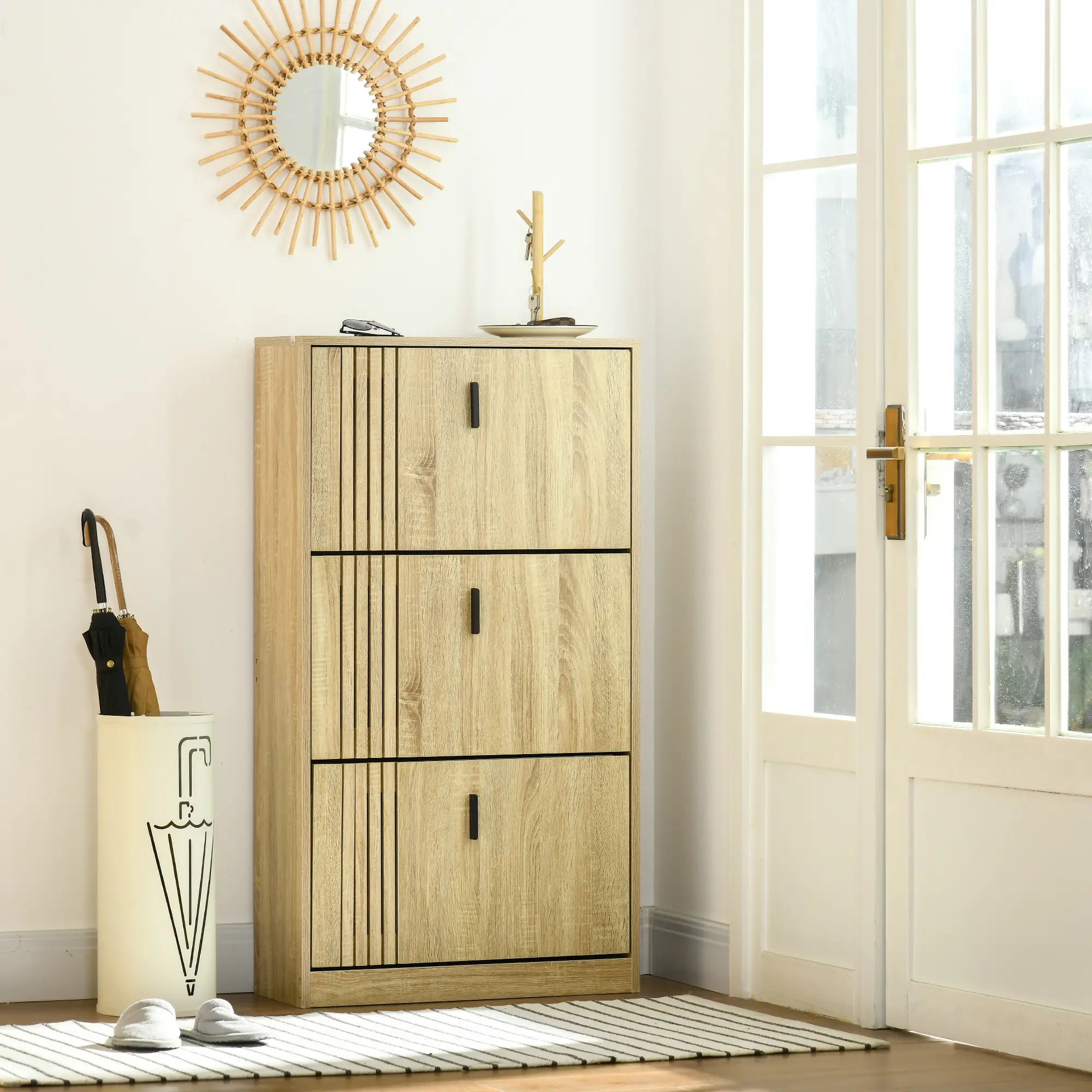 Shoe Storage Cabinet, 18 Pairs, 3 Flip Drawers, Adjustable Shelves, Oak - Image 2