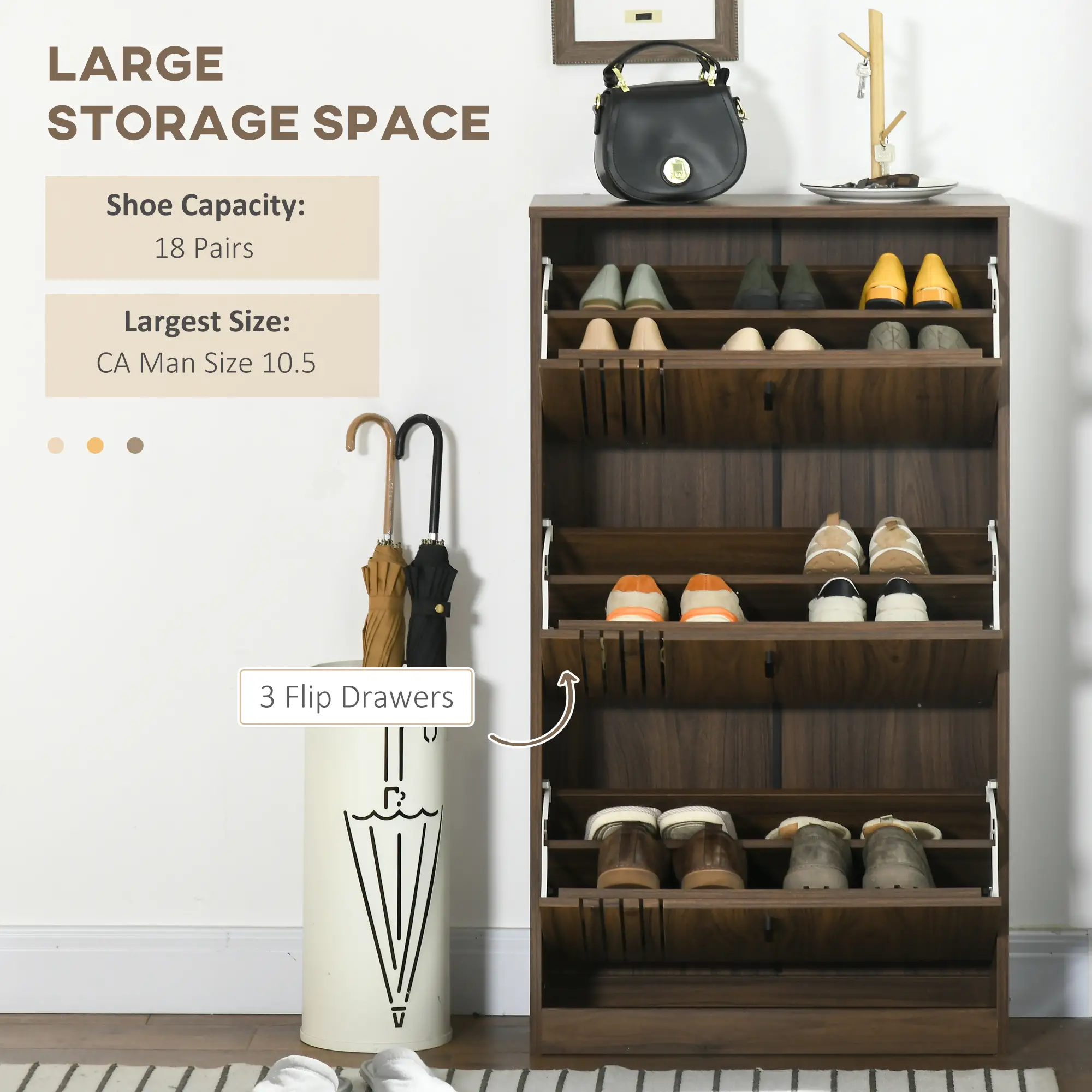 Shoe Storage Cabinet, 18 Pairs, 3 Flip Drawers, Adjustable Shelves, Walnut - Image 4