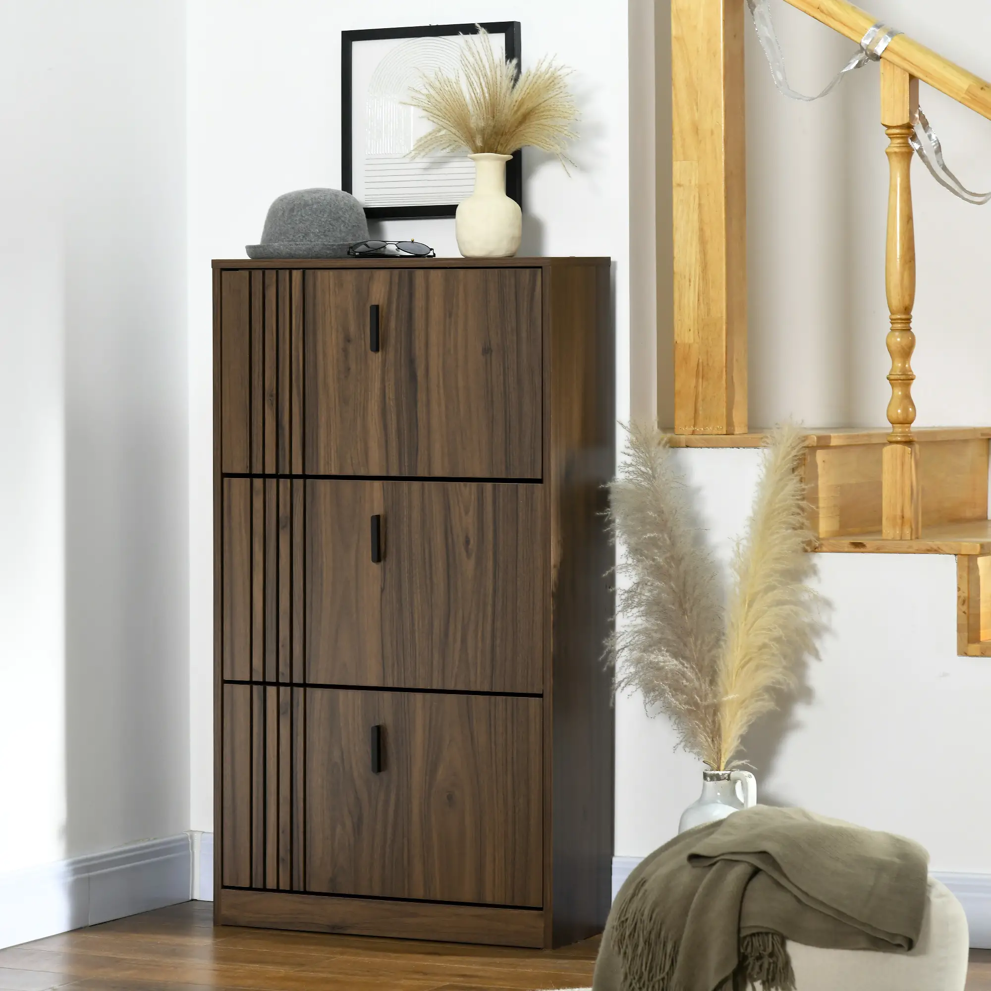 Shoe Storage Cabinet, 18 Pairs, 3 Flip Drawers, Adjustable Shelves, Walnut - Image 9