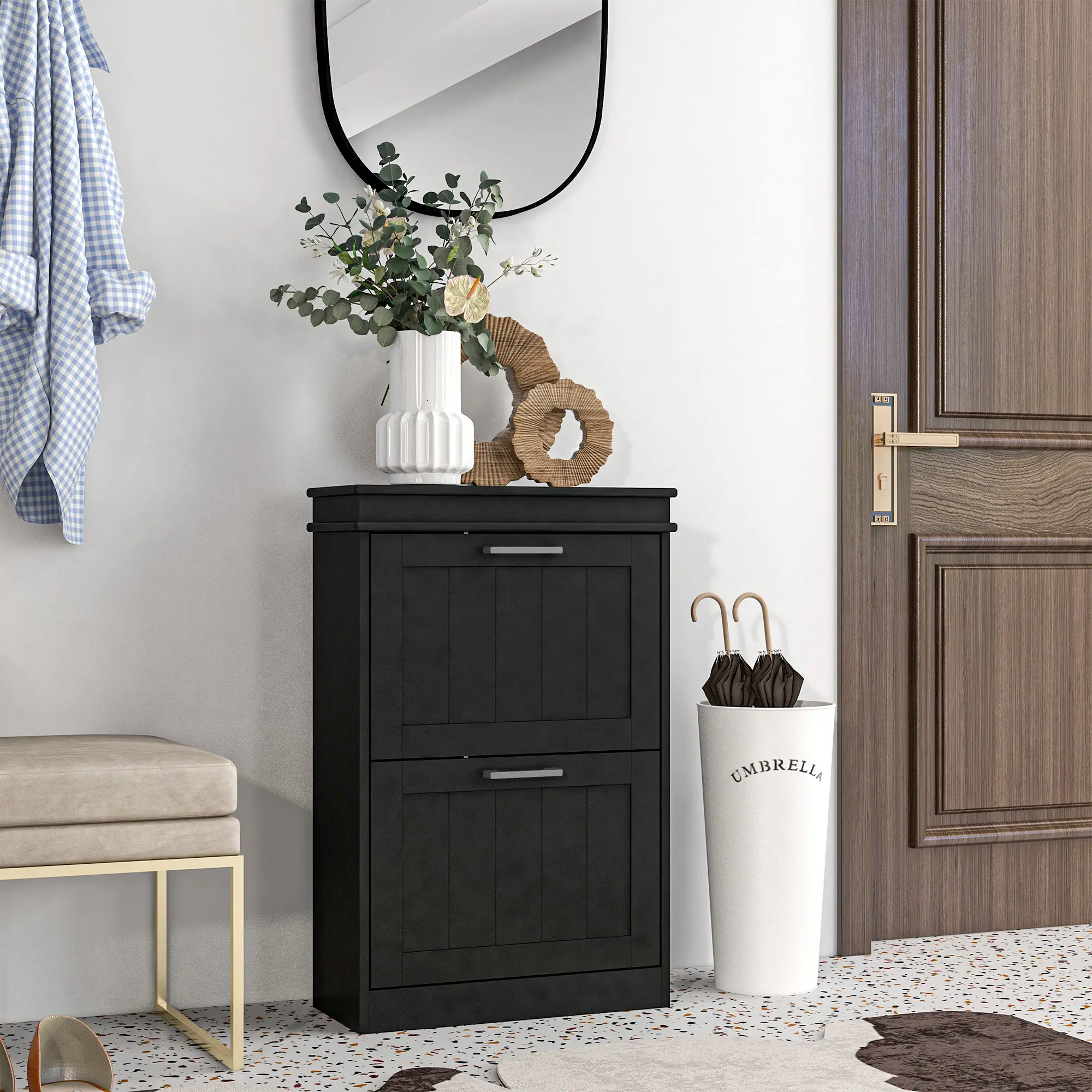 Shoe Storage Cabinet, 2 Flip Drawers, Adjustable Shelves, 10 Pairs, Black - Image 2