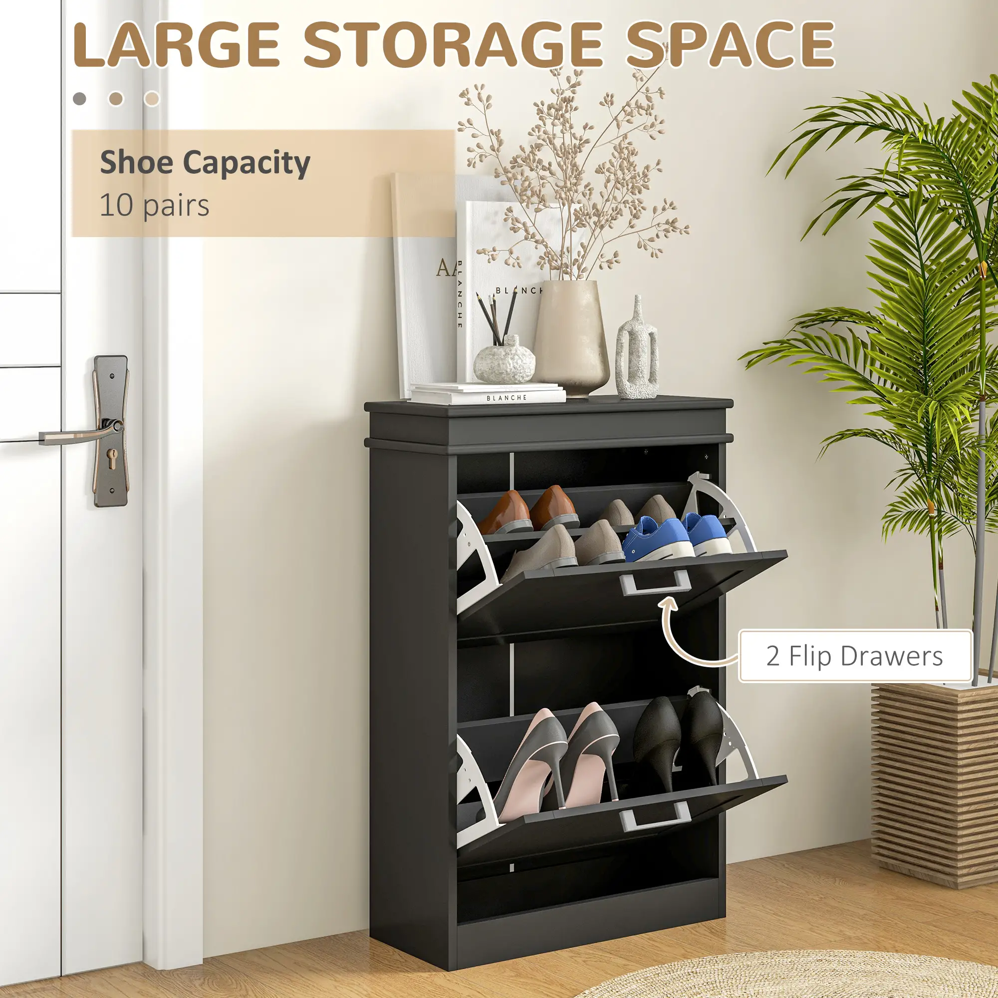 Shoe Storage Cabinet, 2 Flip Drawers, Adjustable Shelves, 10 Pairs, Black - Image 4