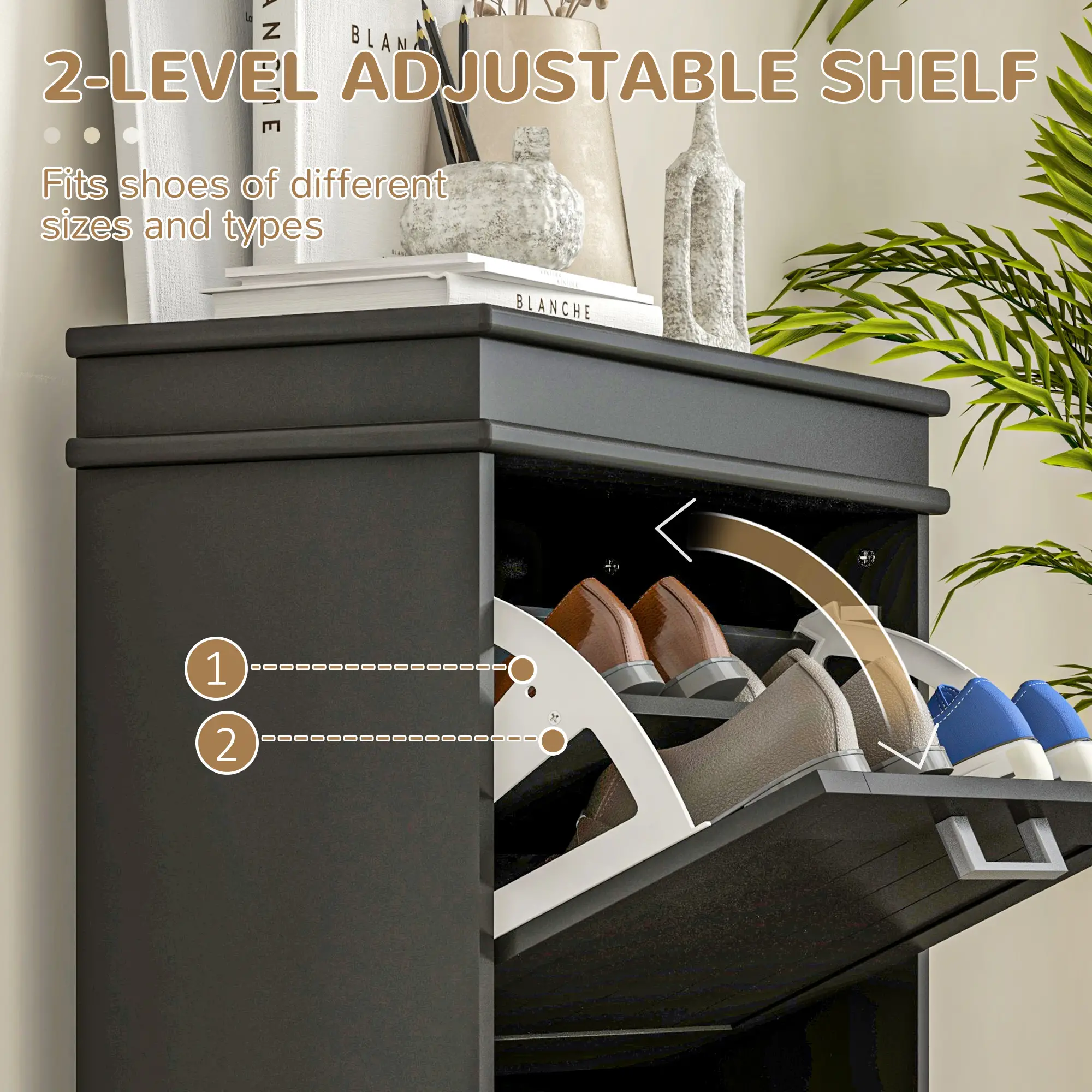 Shoe Storage Cabinet, 2 Flip Drawers, Adjustable Shelves, 10 Pairs, Black - Image 5
