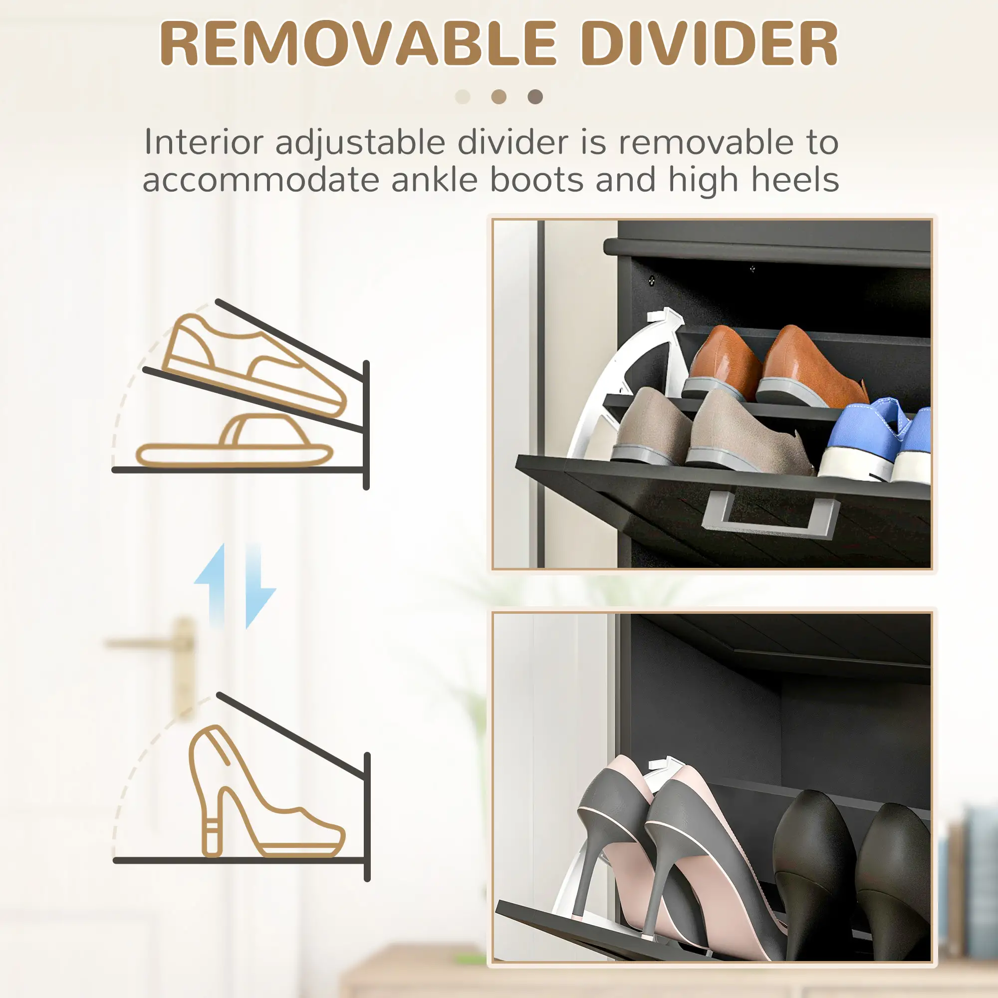 Shoe Storage Cabinet, 2 Flip Drawers, Adjustable Shelves, 10 Pairs, Black - Image 6