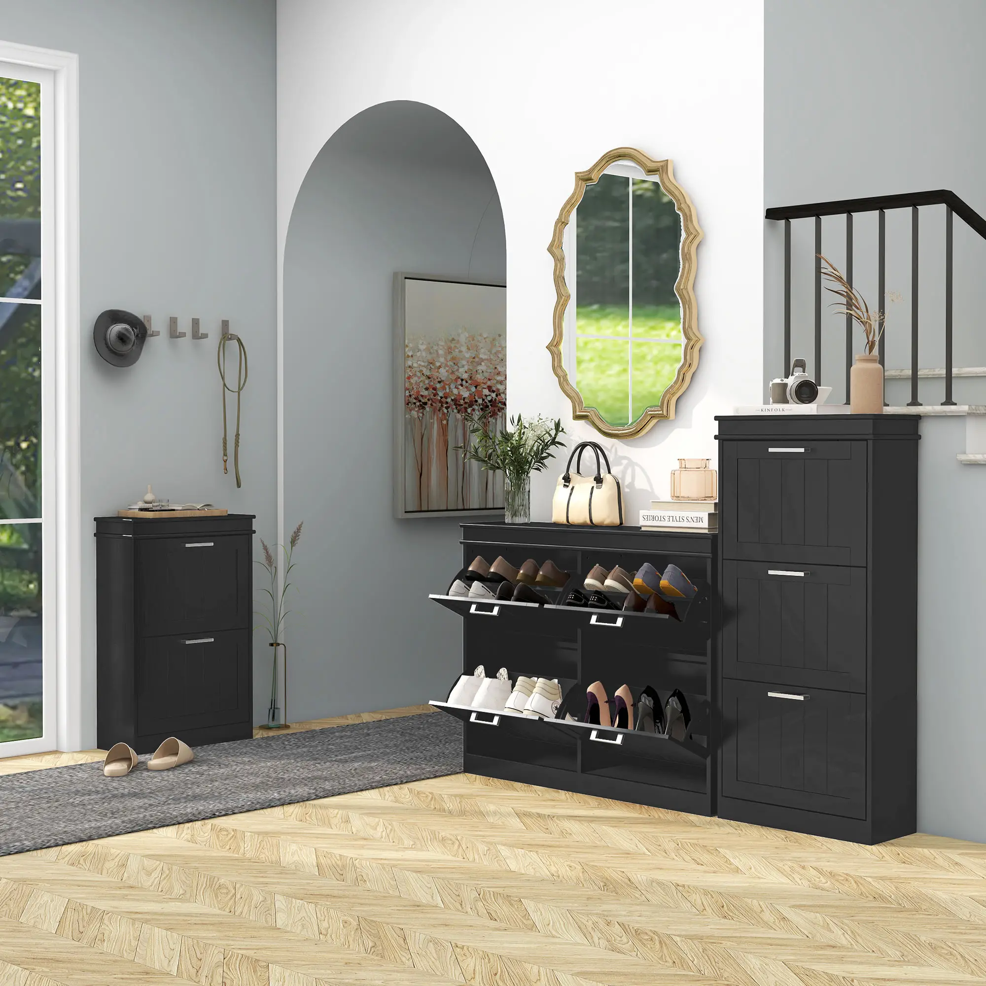 Shoe Storage Cabinet, 2 Flip Drawers, Adjustable Shelves, 10 Pairs, Black - Image 9