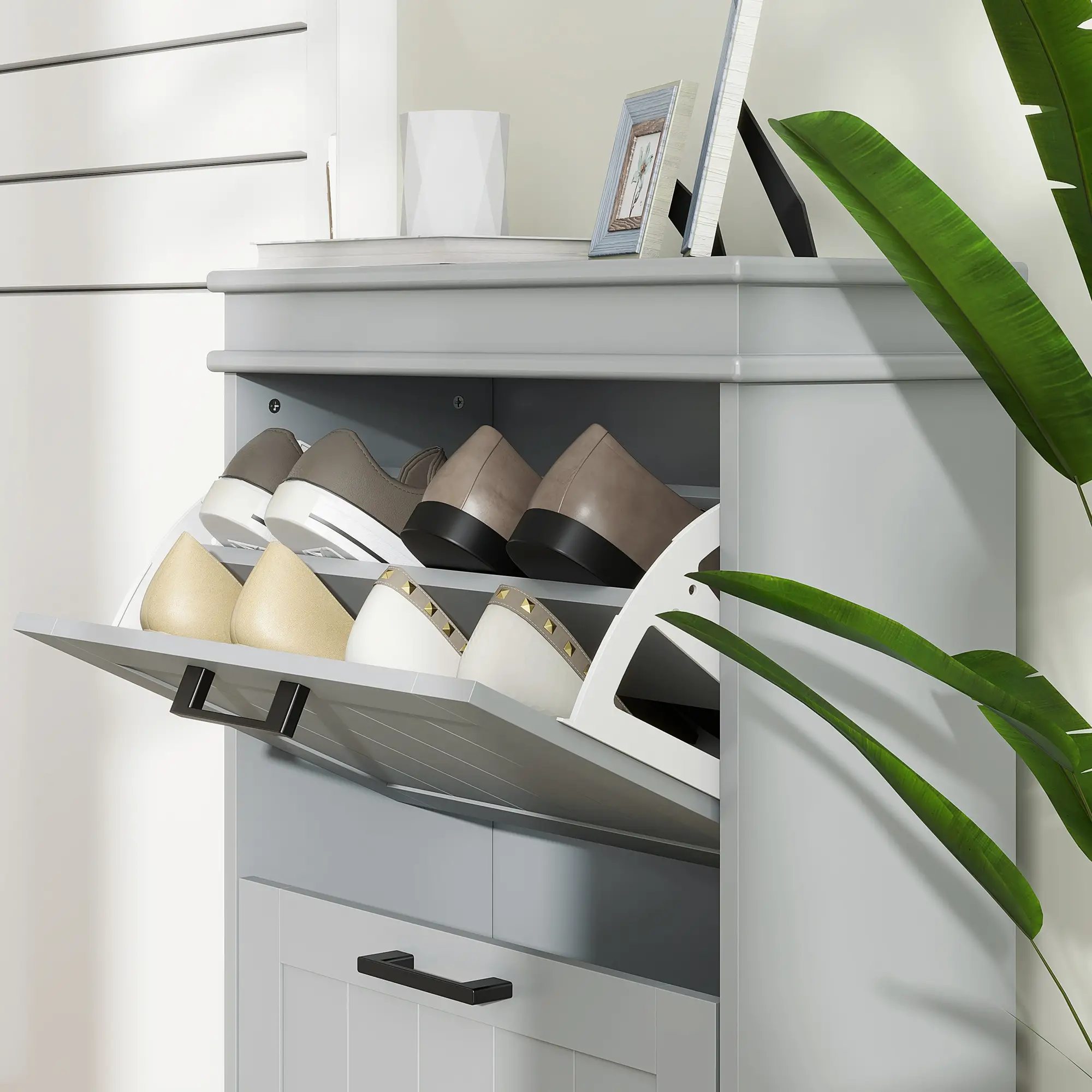 Shoe Storage Cabinet, 2 Flip Drawers, Adjustable Shelves, 10 Pairs, Grey - Image 10