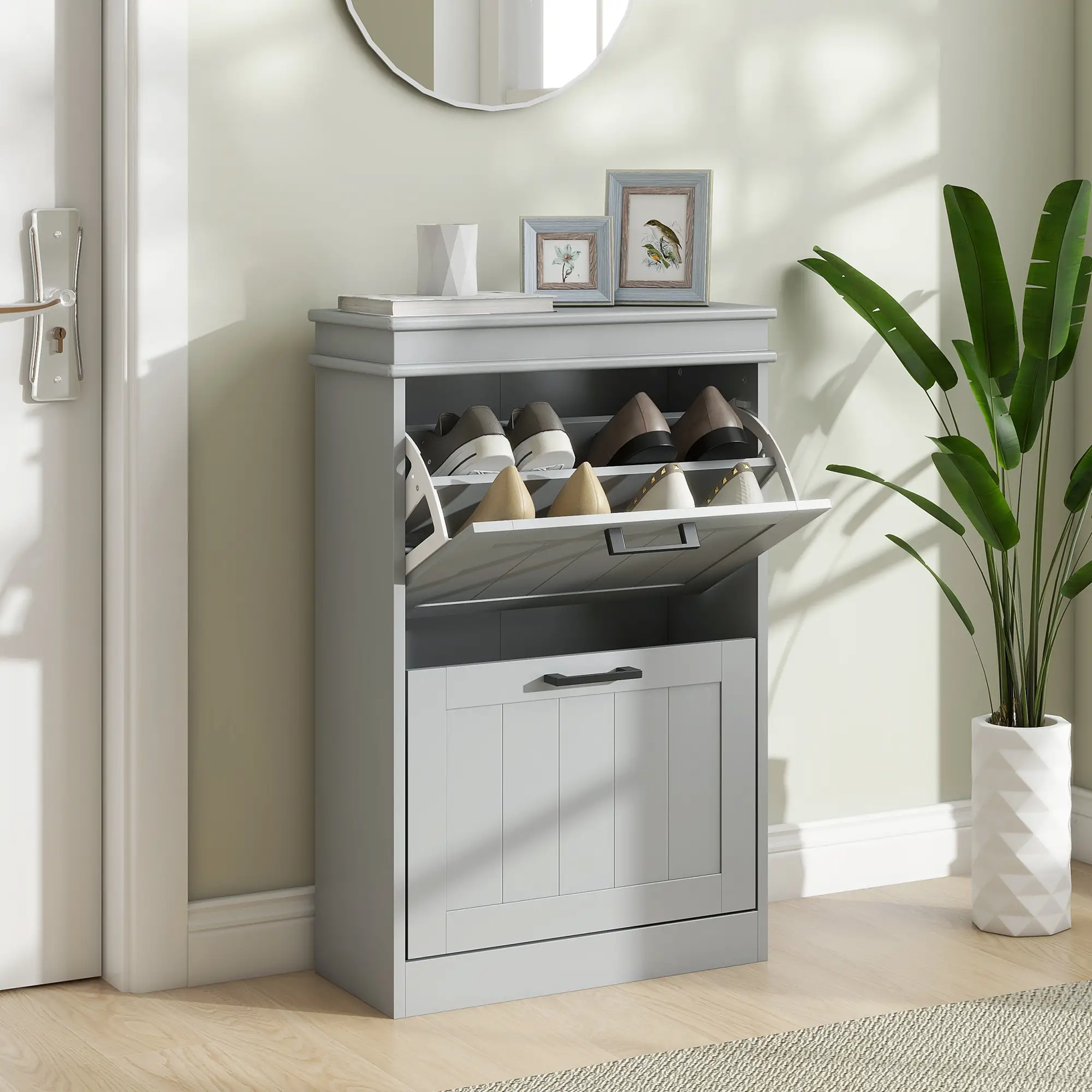 Shoe Storage Cabinet, 2 Flip Drawers, Adjustable Shelves, 10 Pairs, Grey - Image 2
