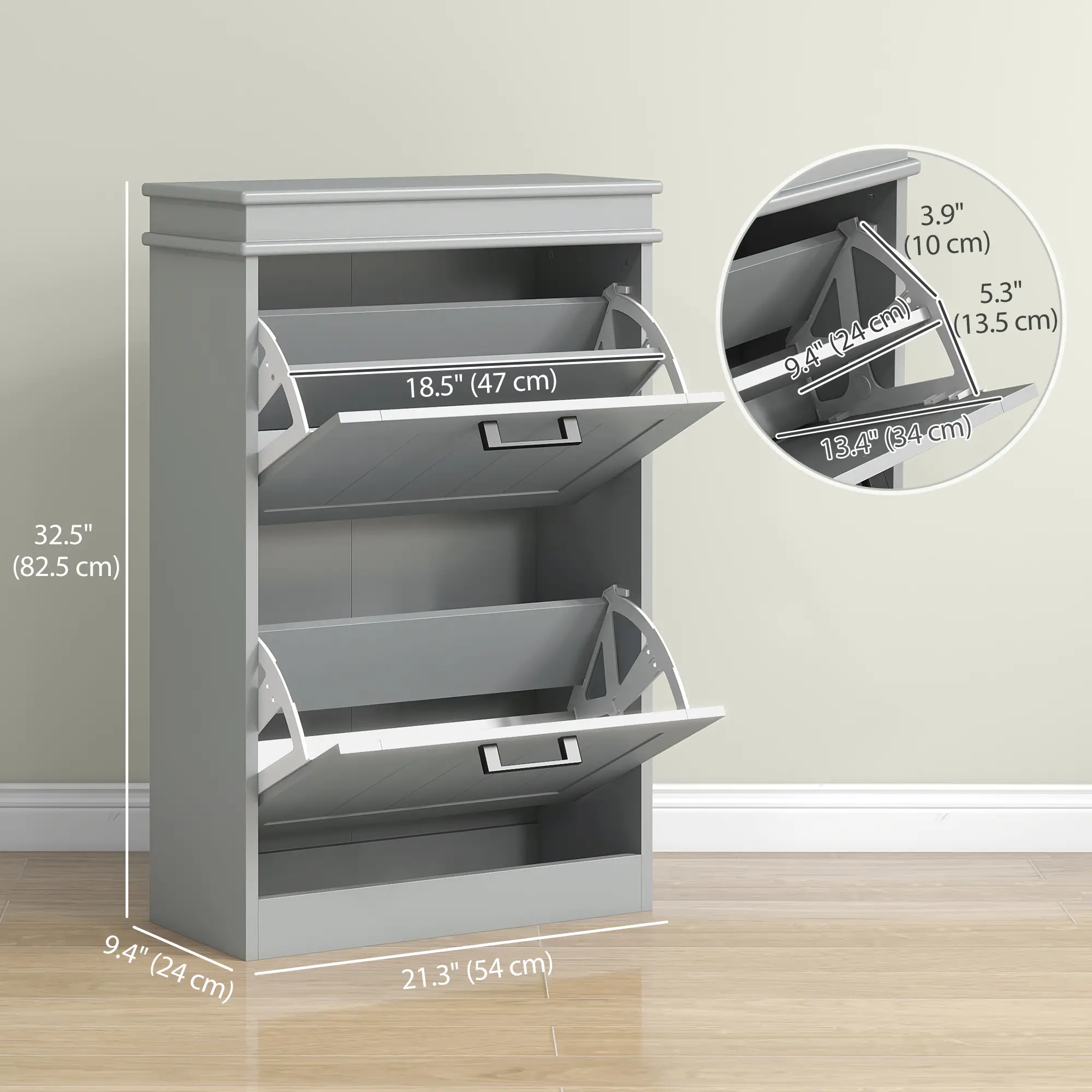 Shoe Storage Cabinet, 2 Flip Drawers, Adjustable Shelves, 10 Pairs, Grey - Image 3