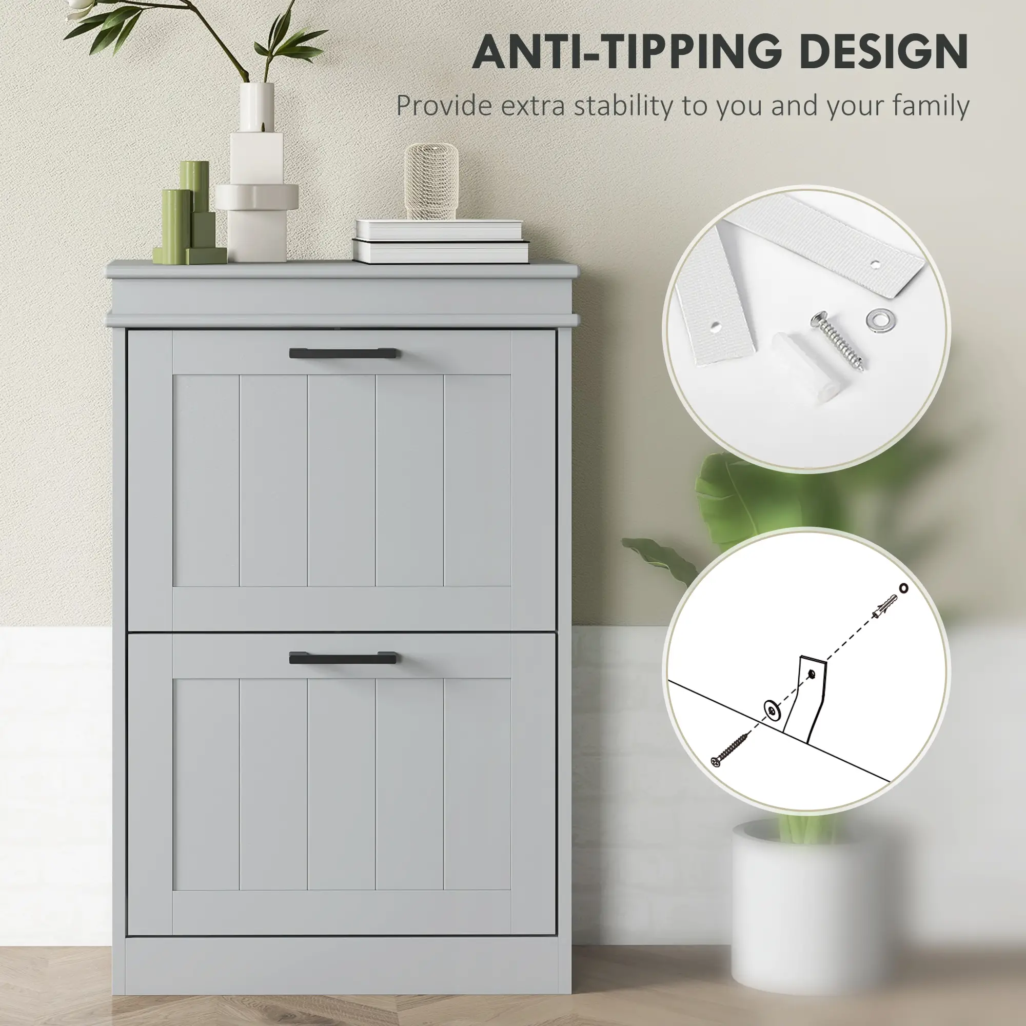 Shoe Storage Cabinet, 2 Flip Drawers, Adjustable Shelves, 10 Pairs, Grey - Image 6