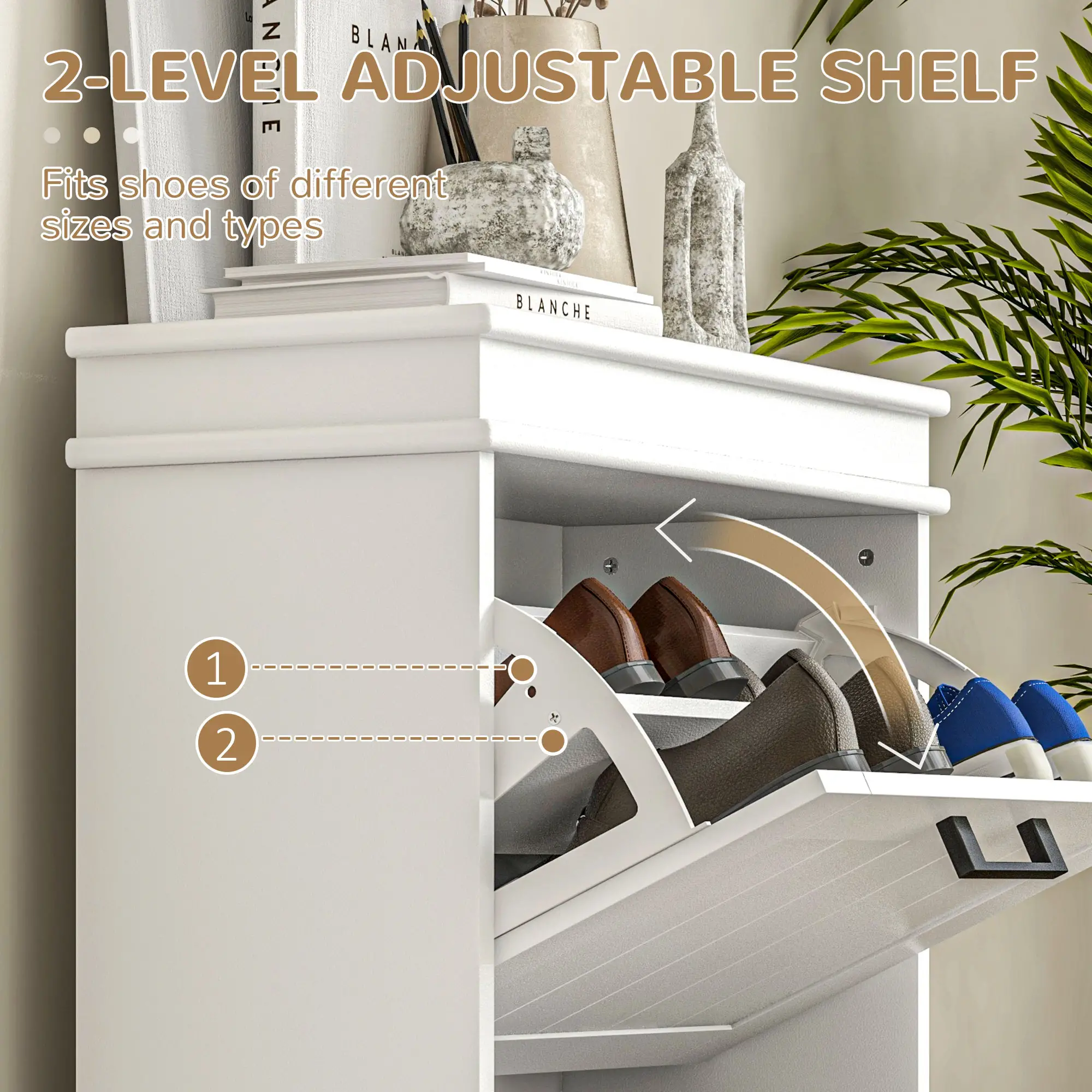 Shoe Storage Cabinet, 2 Flip Drawers, Adjustable Shelves, 10 Pairs, White - Image 5