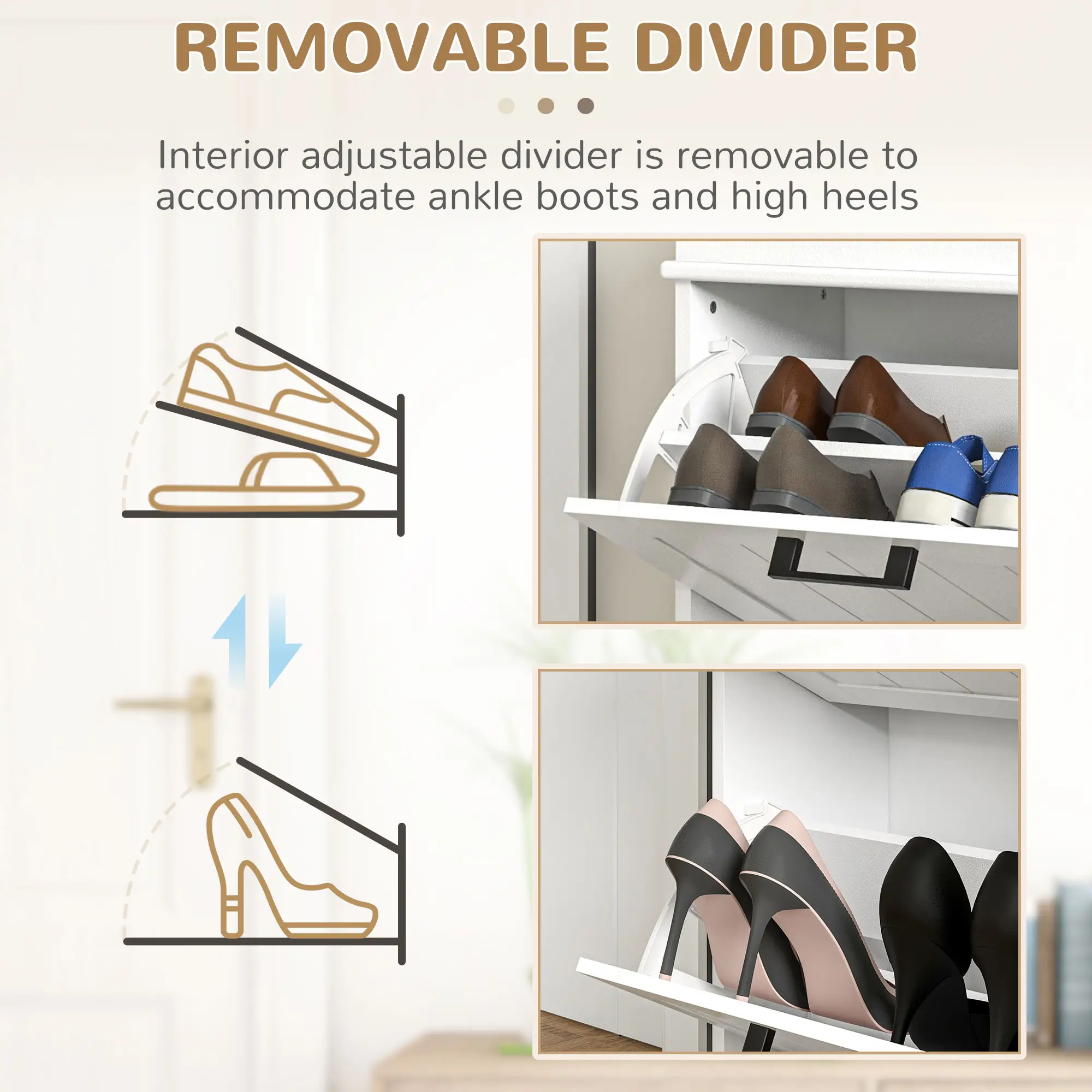 Shoe Storage Cabinet, 2 Flip Drawers, Adjustable Shelves, 10 Pairs, White - Image 6