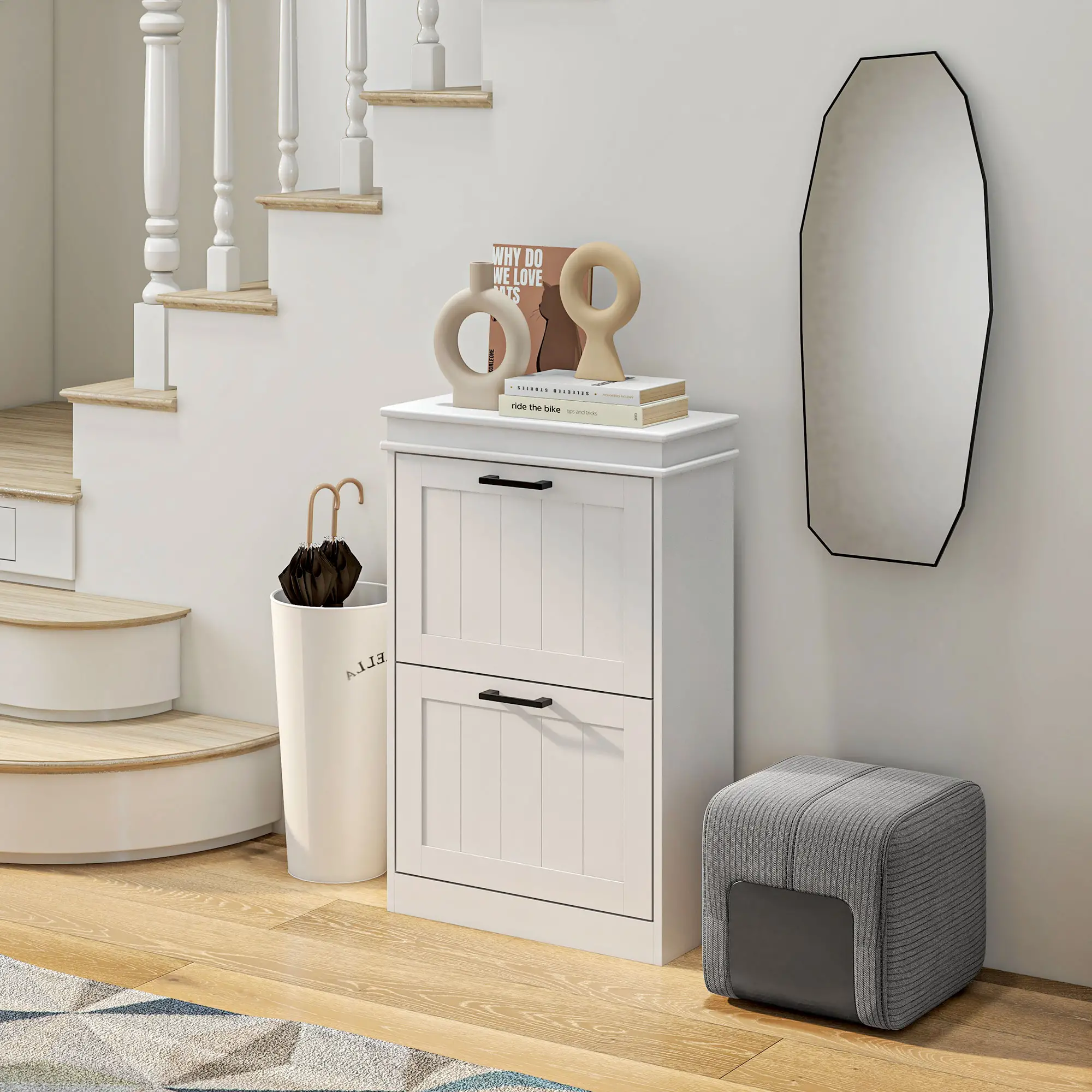 Shoe Storage Cabinet, 2 Flip Drawers, Adjustable Shelves, 10 Pairs, White - Image 8