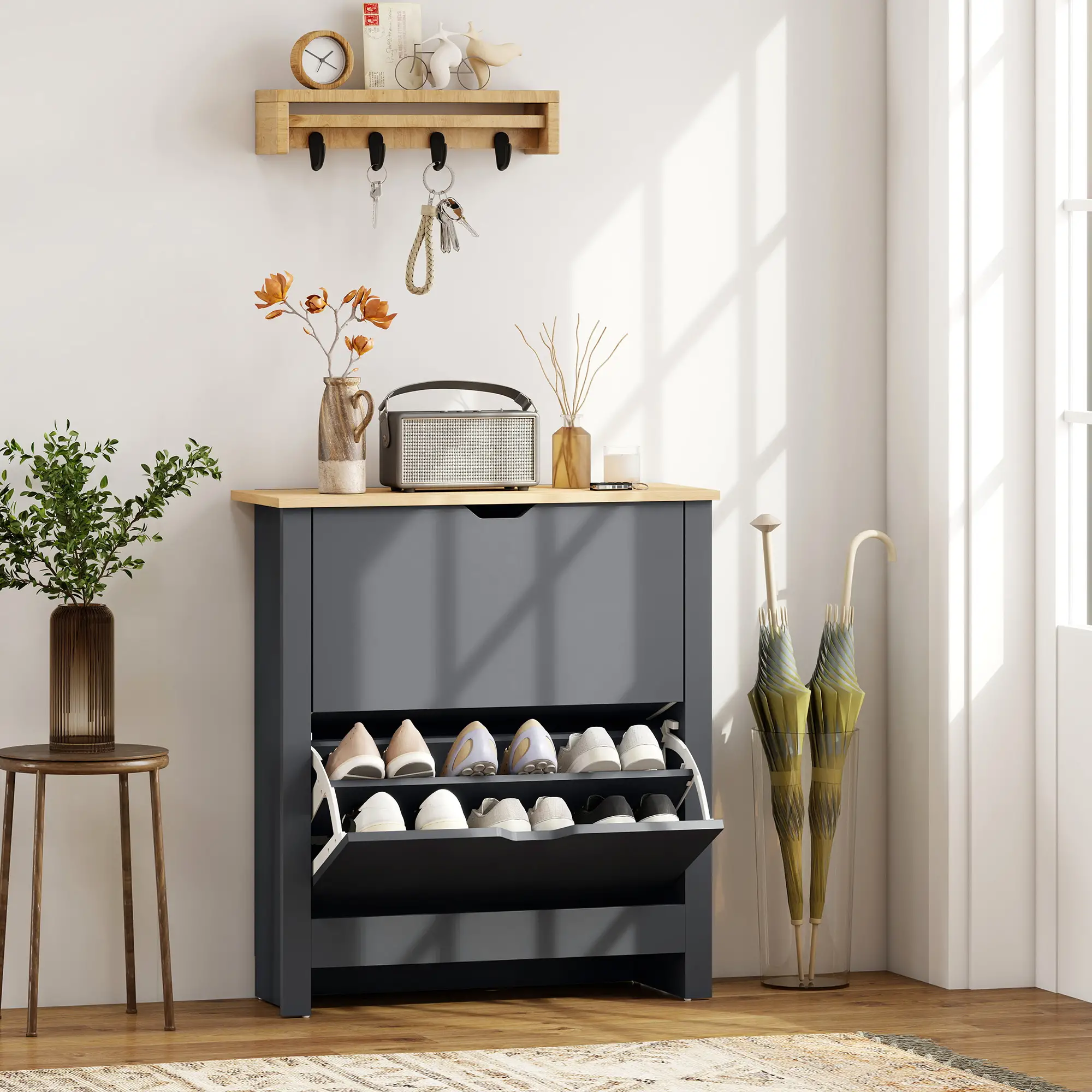 Shoe Storage Cabinet, 2 Flip Drawers, Adjustable Shelves, 12 Pairs, Dark Grey - Image 2