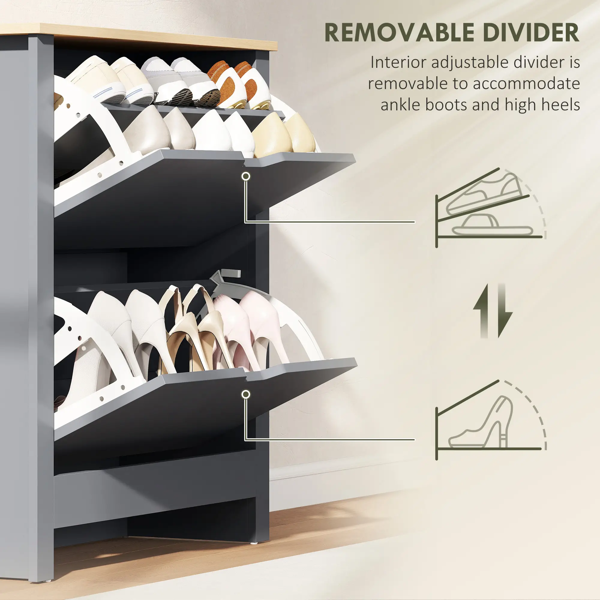 Shoe Storage Cabinet, 2 Flip Drawers, Adjustable Shelves, 12 Pairs, Dark Grey - Image 6