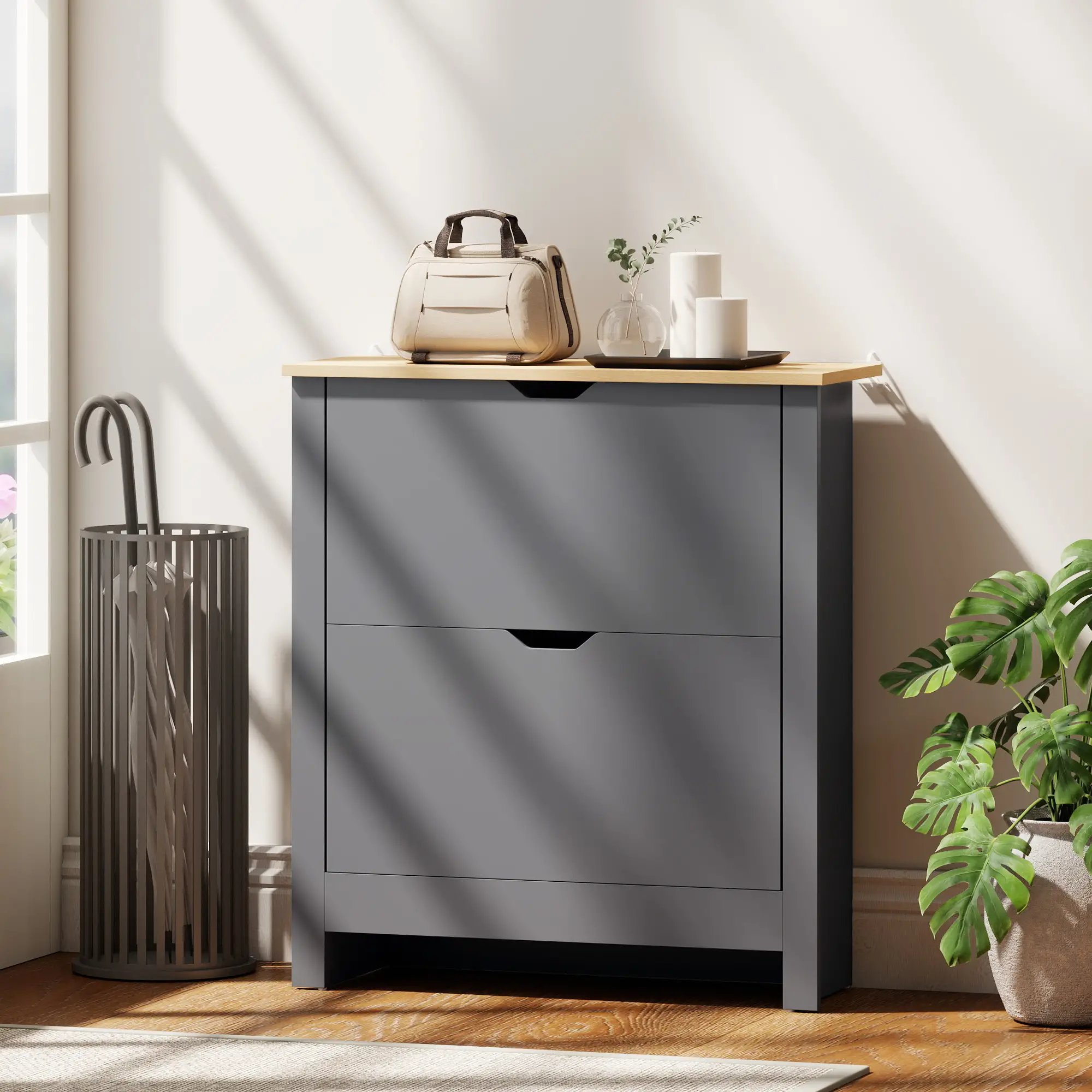 Shoe Storage Cabinet, 2 Flip Drawers, Adjustable Shelves, 12 Pairs, Dark Grey - Image 8