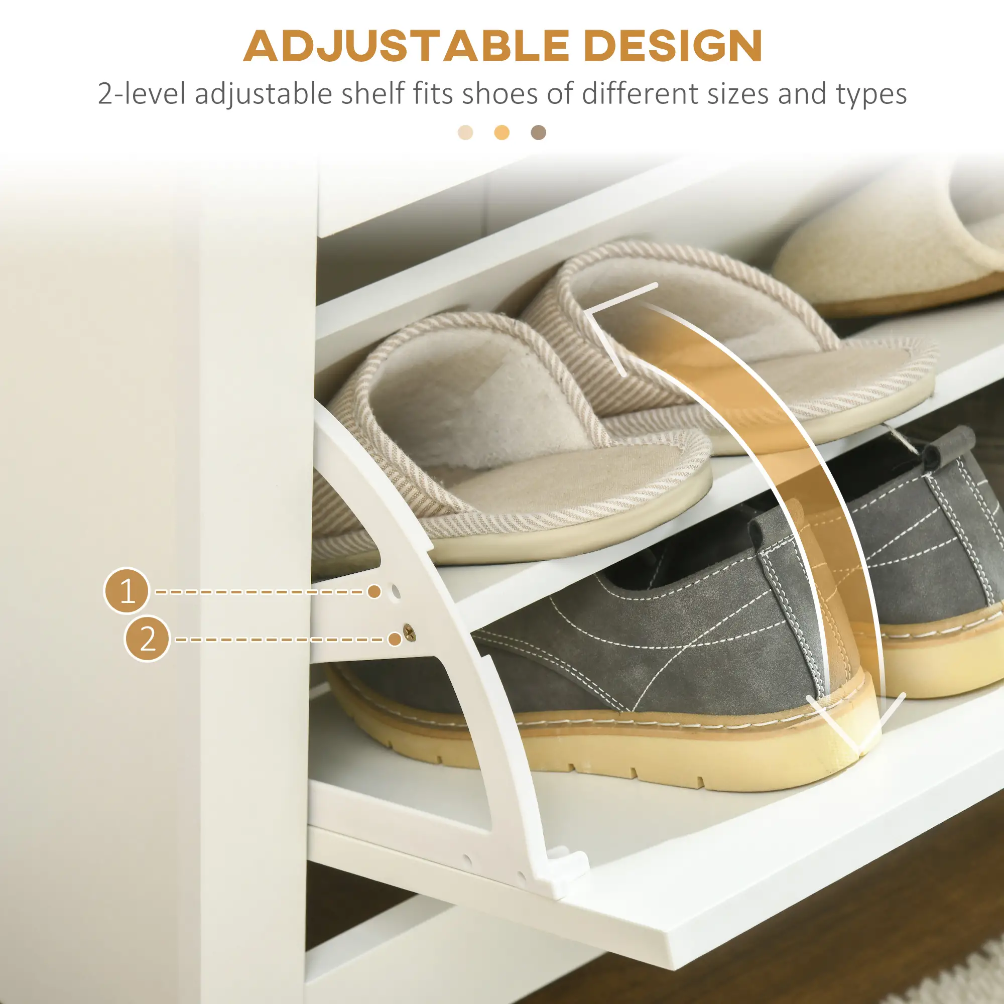 Shoe Storage Cabinet, 2 Flip Drawers, Adjustable Shelves, White - Image 5