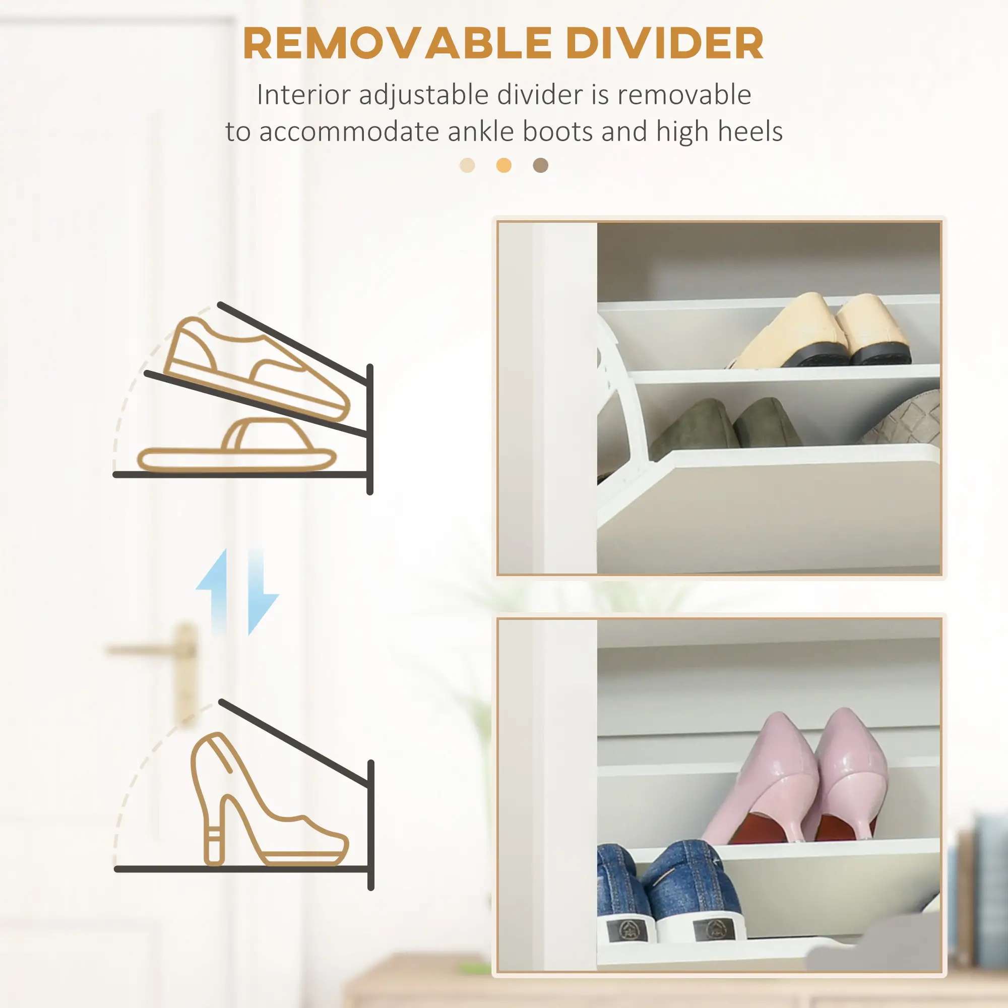 Shoe Storage Cabinet, 2 Flip Drawers, Adjustable Shelves, White - Image 6