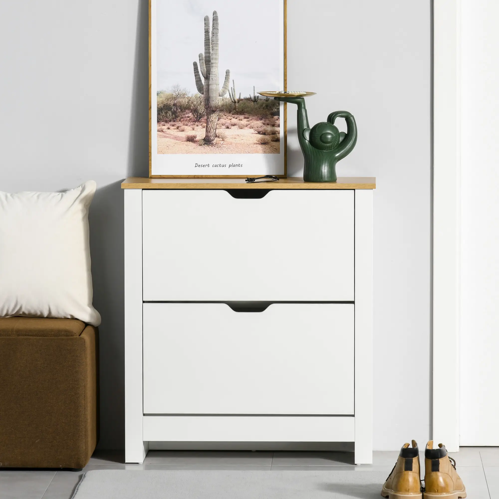 Shoe Storage Cabinet, 2 Flip Drawers, Adjustable Shelves, White - Image 8