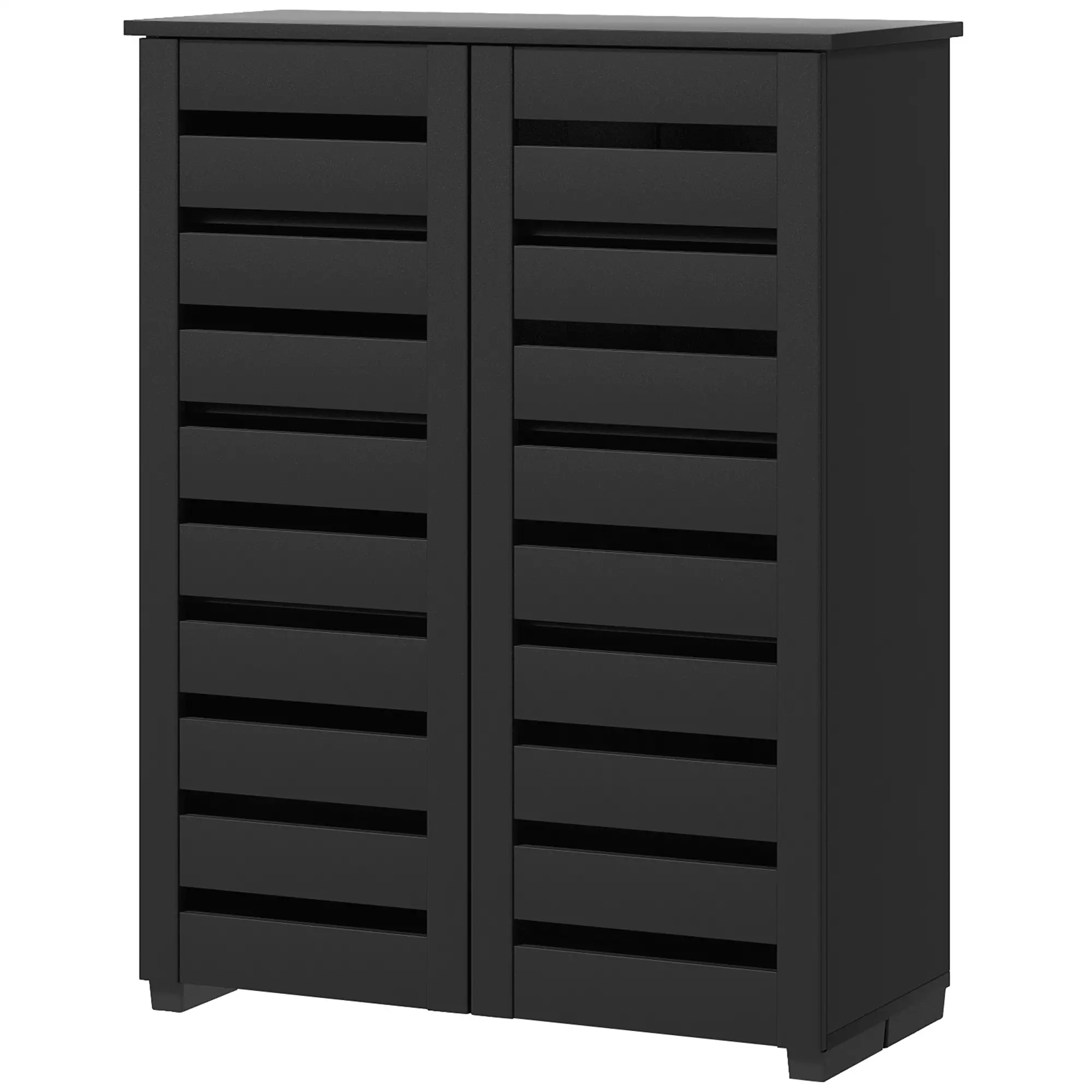 Shoe Storage Cabinet, 2 Slatted Doors, Holds 15 Pairs, Black