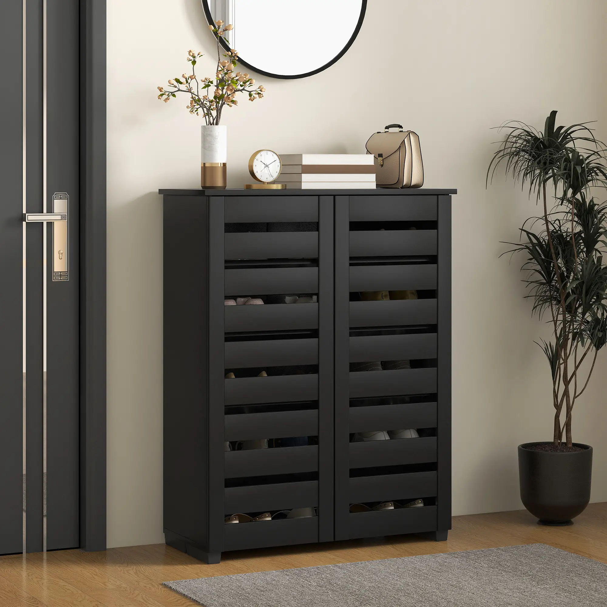 Shoe Storage Cabinet, 2 Slatted Doors, Holds 15 Pairs, Black - Image 2