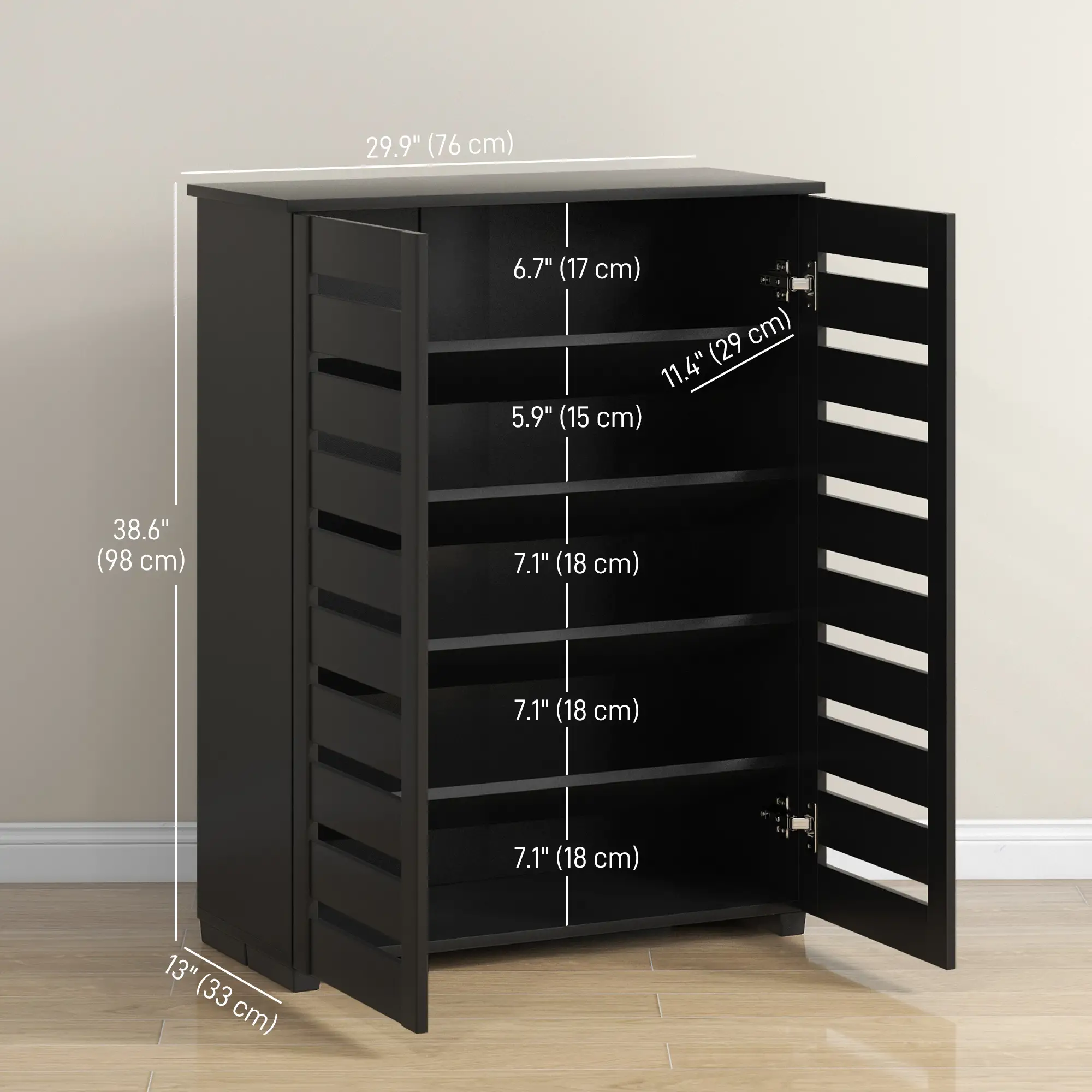 Shoe Storage Cabinet, 2 Slatted Doors, Holds 15 Pairs, Black - Image 3
