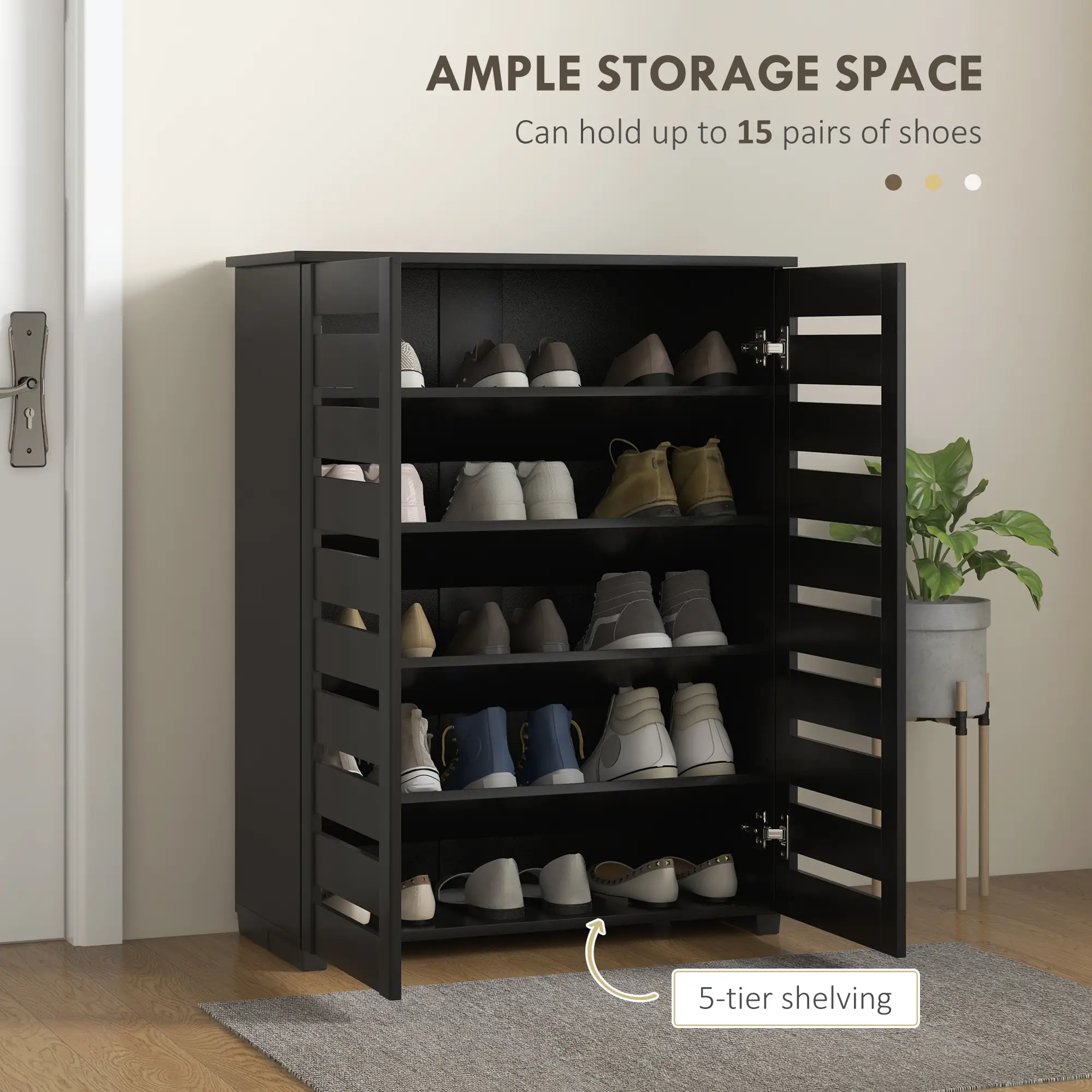 Shoe Storage Cabinet, 2 Slatted Doors, Holds 15 Pairs, Black - Image 4