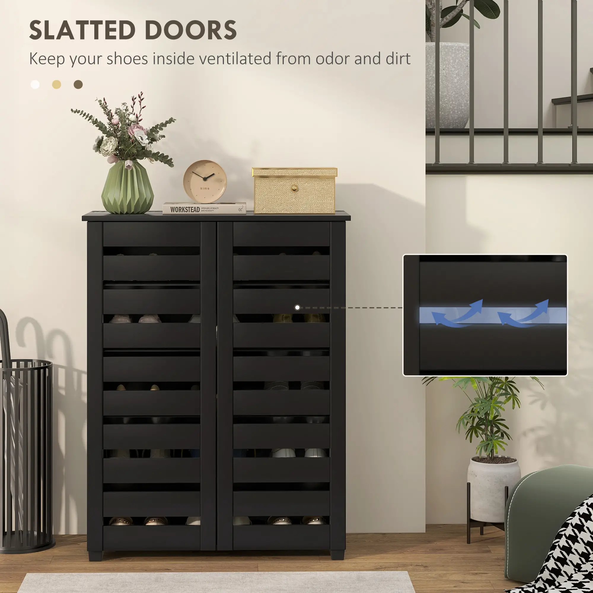 Shoe Storage Cabinet, 2 Slatted Doors, Holds 15 Pairs, Black - Image 5