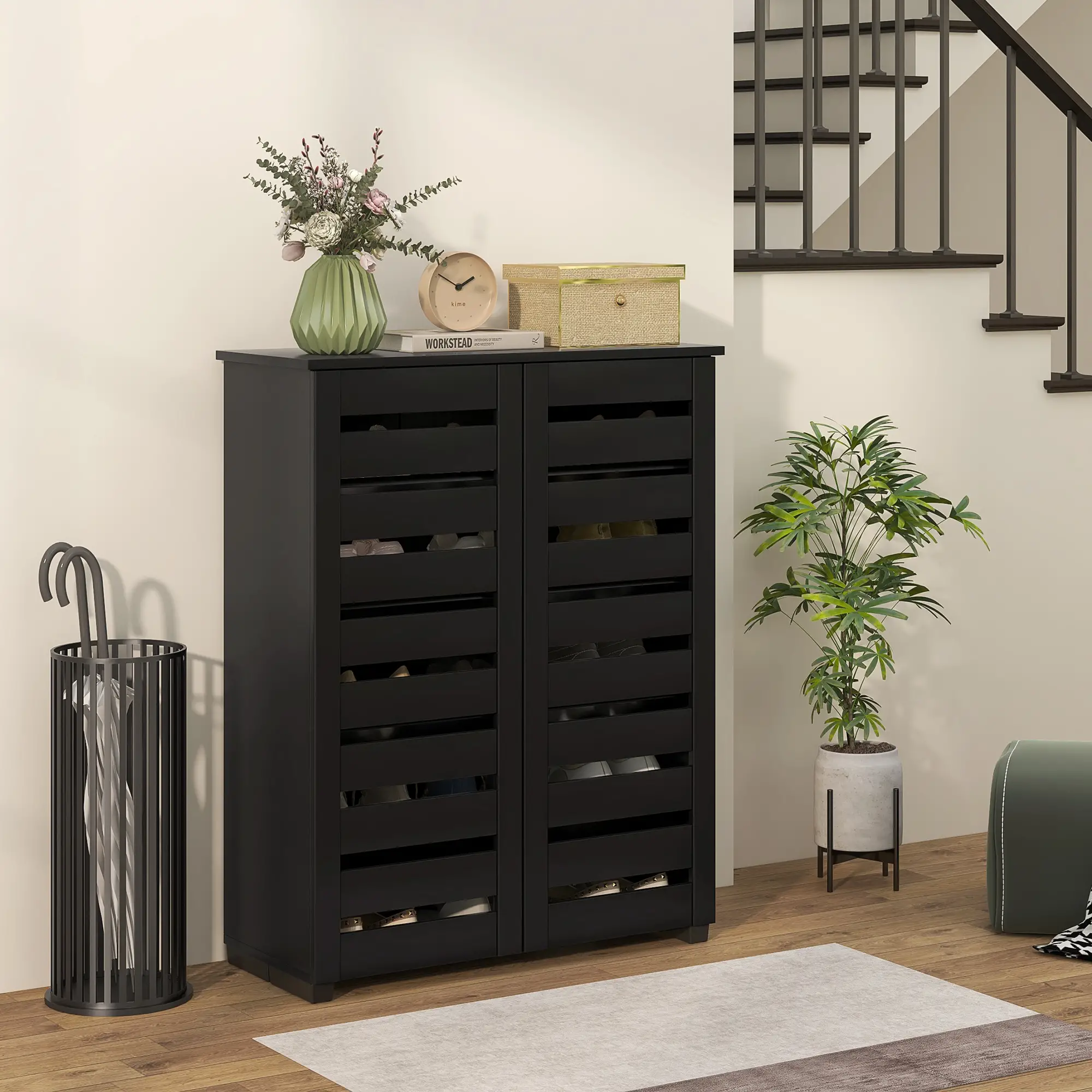 Shoe Storage Cabinet, 2 Slatted Doors, Holds 15 Pairs, Black - Image 8