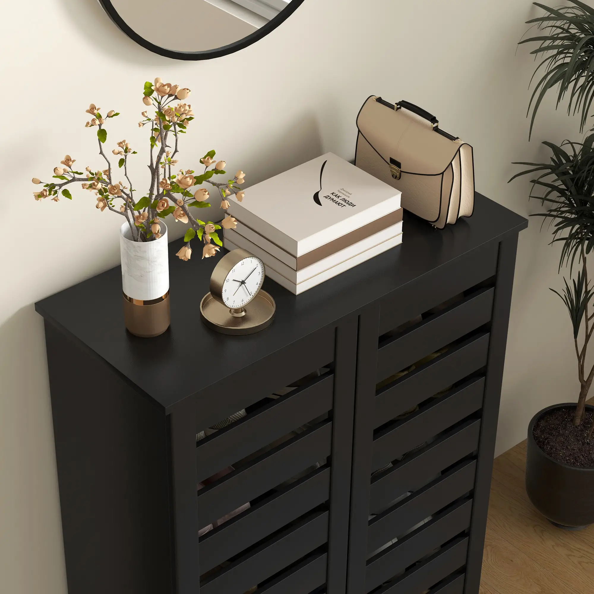Shoe Storage Cabinet, 2 Slatted Doors, Holds 15 Pairs, Black - Image 9