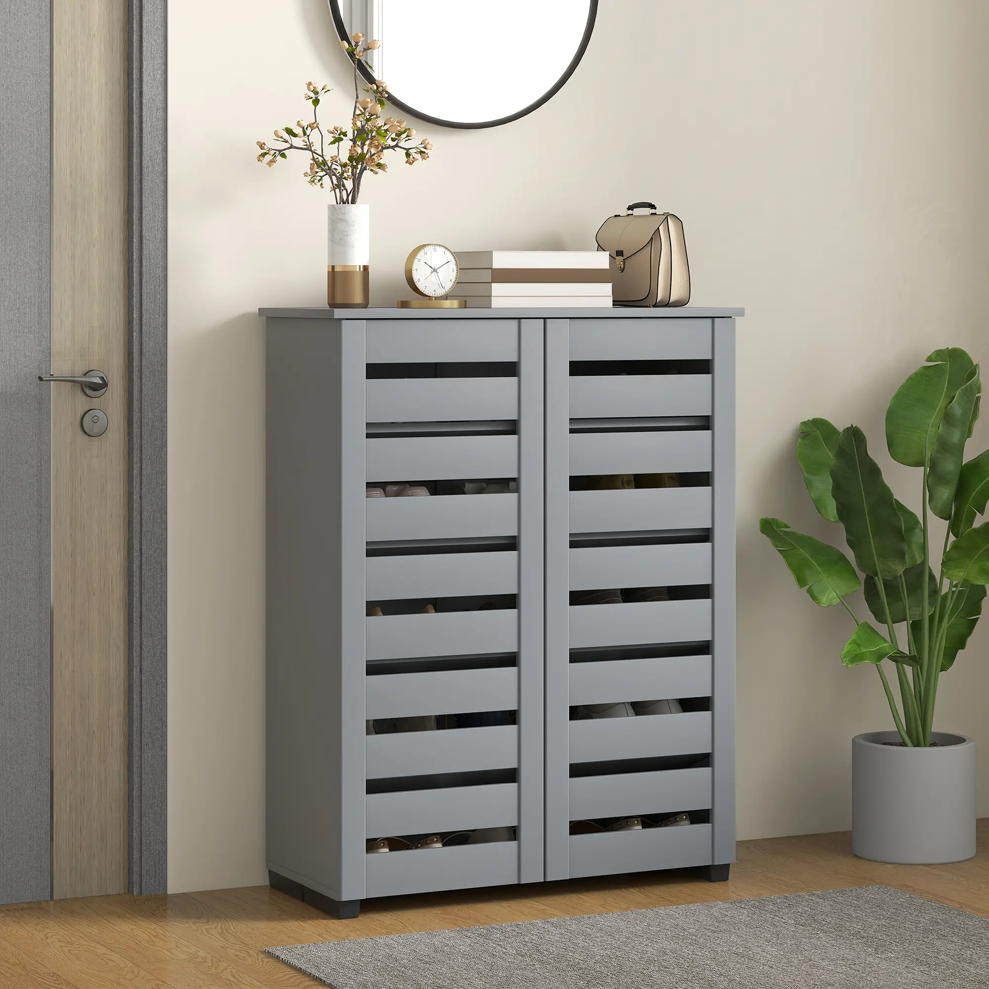 Shoe Storage Cabinet, 2 Slatted Doors, Holds 15 Pairs, Dark Grey - Image 2