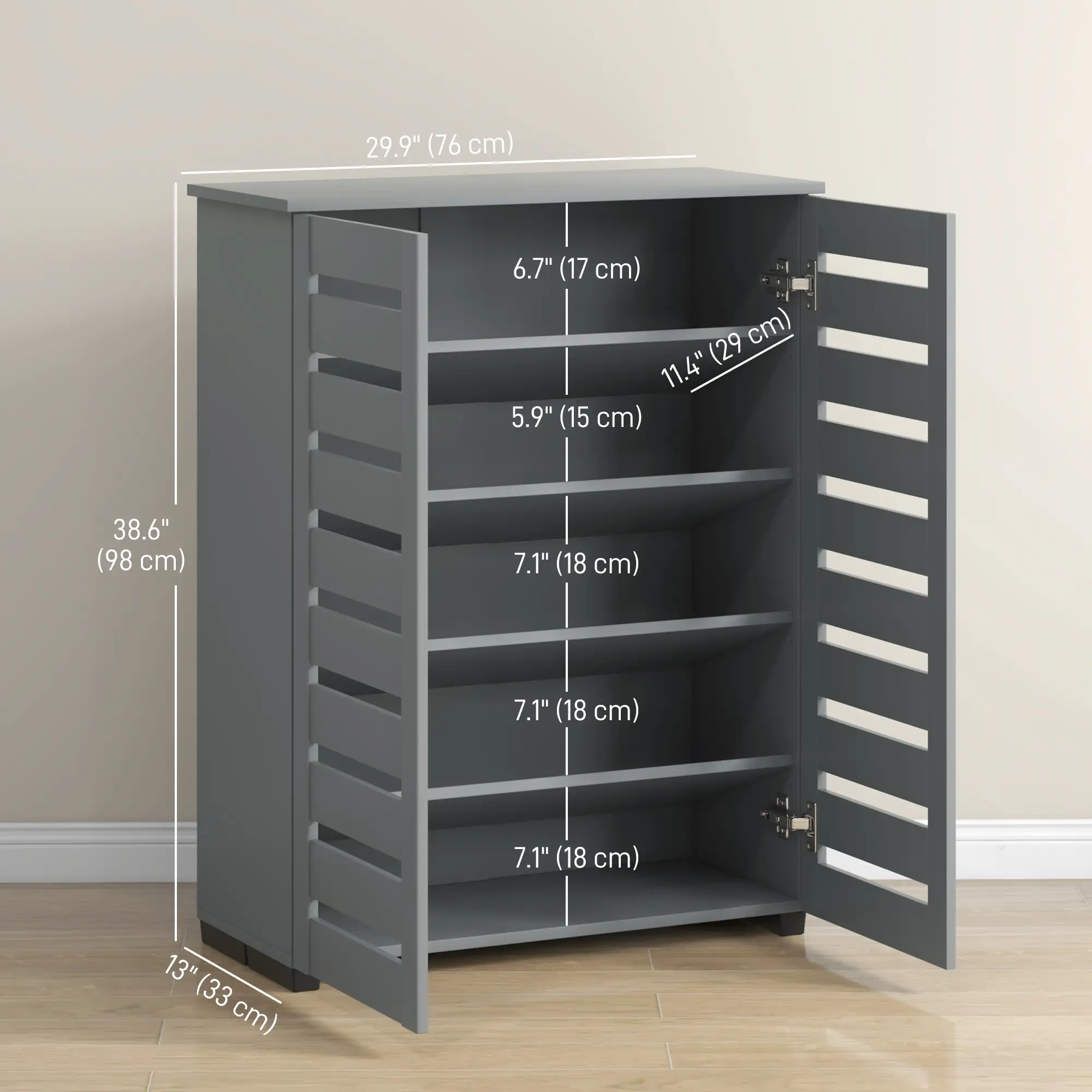 Shoe Storage Cabinet, 2 Slatted Doors, Holds 15 Pairs, Dark Grey - Image 3