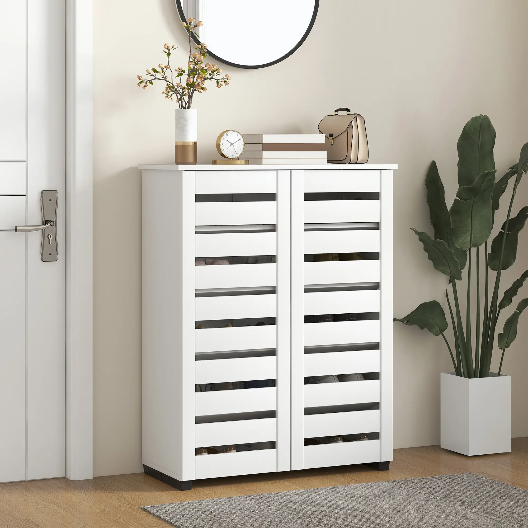 Shoe Storage Cabinet, 2 Slatted Doors, Holds 15 Pairs, White - Image 2