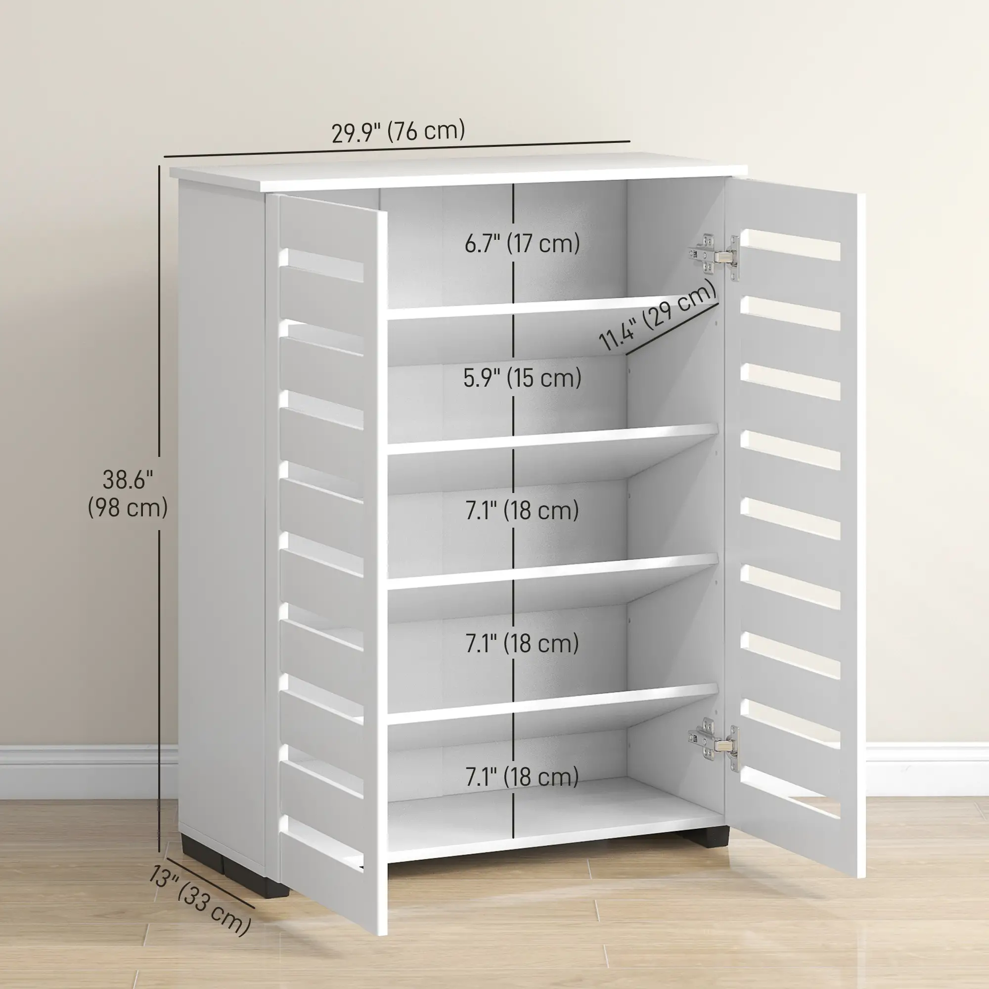 Shoe Storage Cabinet, 2 Slatted Doors, Holds 15 Pairs, White - Image 3