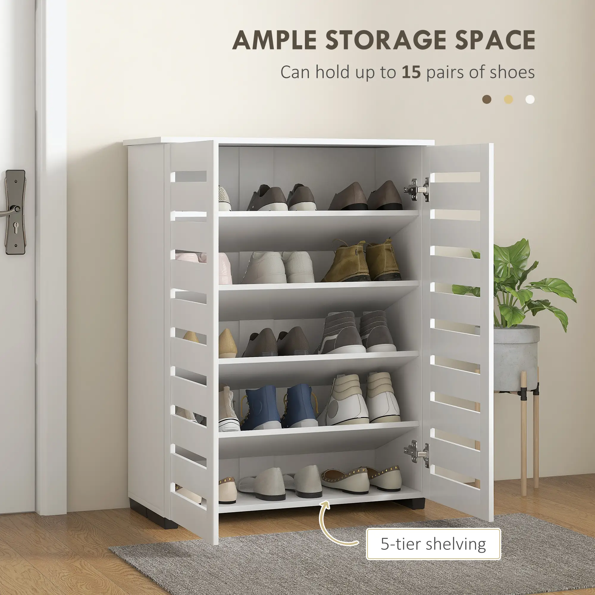 Shoe Storage Cabinet, 2 Slatted Doors, Holds 15 Pairs, White - Image 4