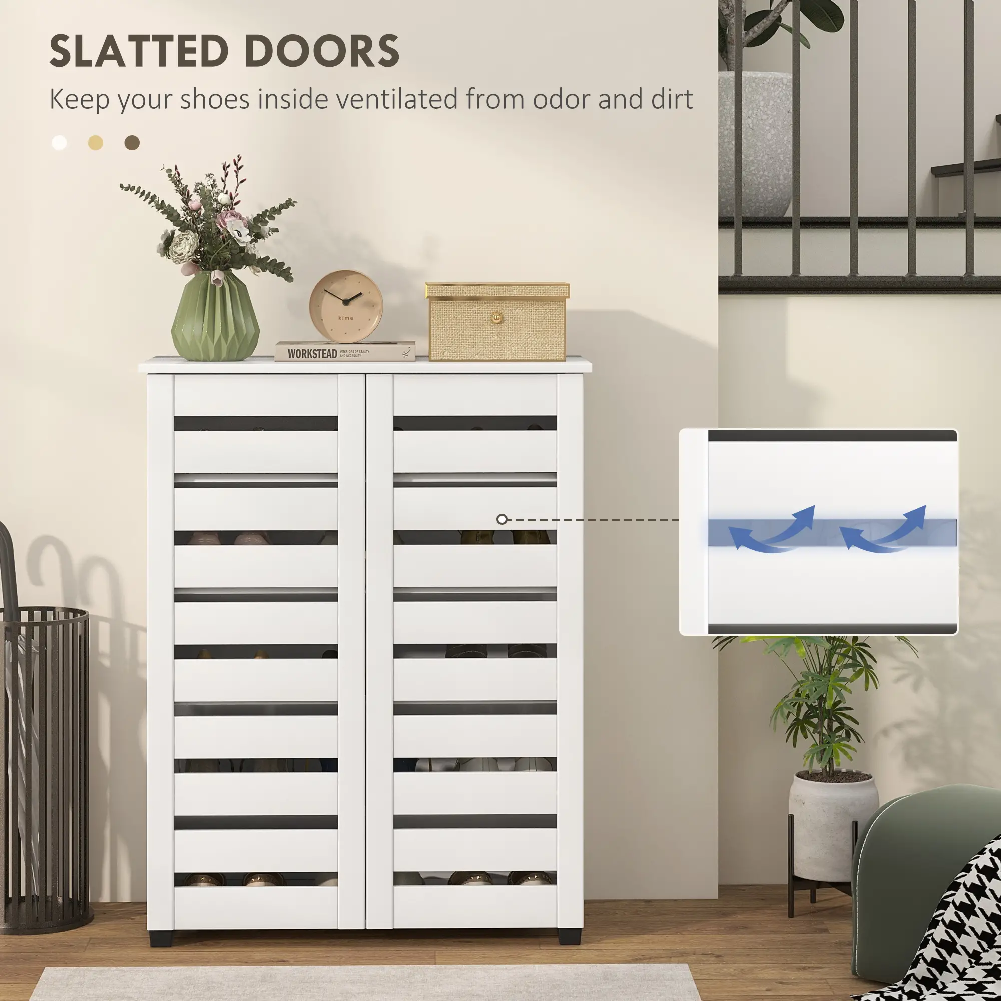 Shoe Storage Cabinet, 2 Slatted Doors, Holds 15 Pairs, White - Image 5