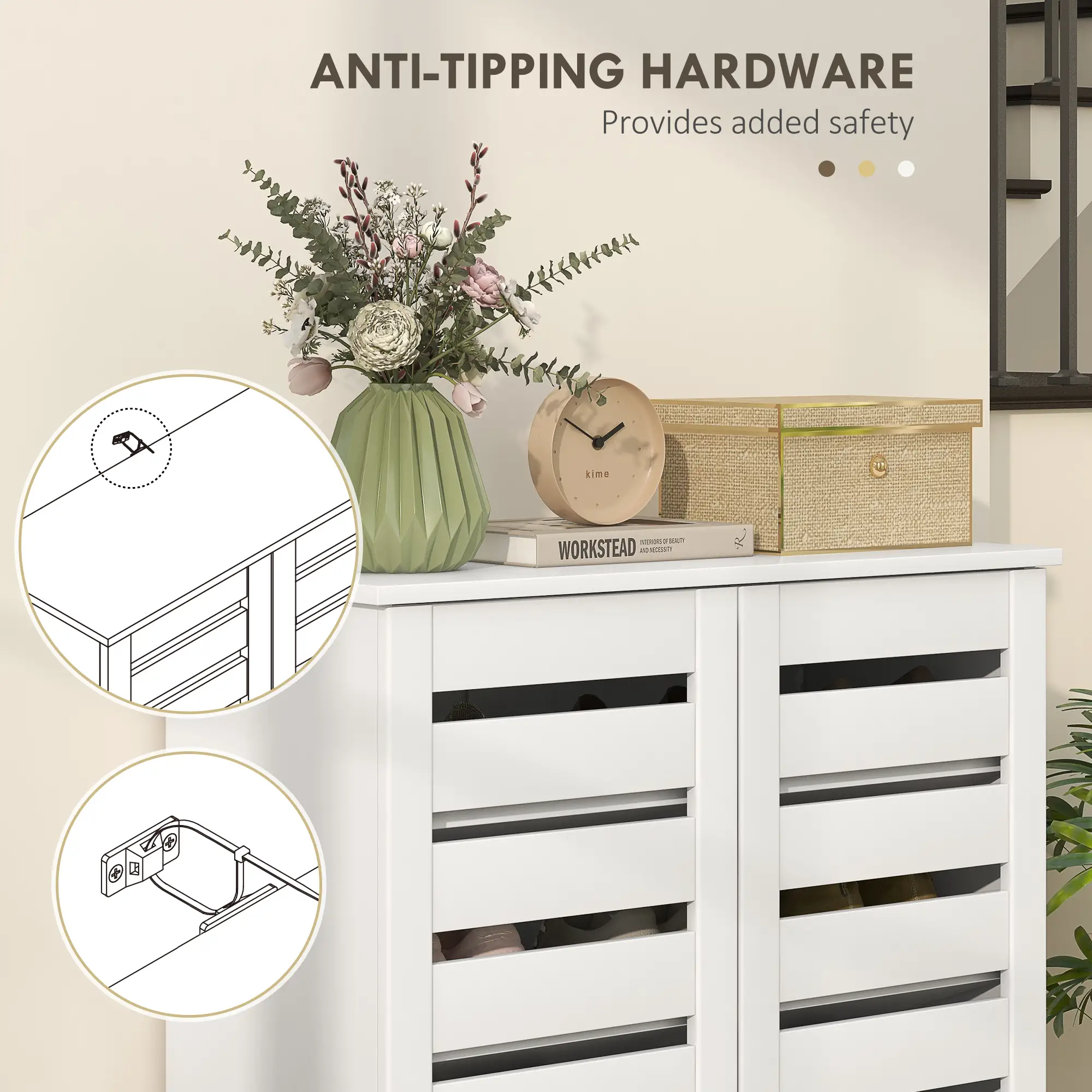 Shoe Storage Cabinet, 2 Slatted Doors, Holds 15 Pairs, White - Image 7