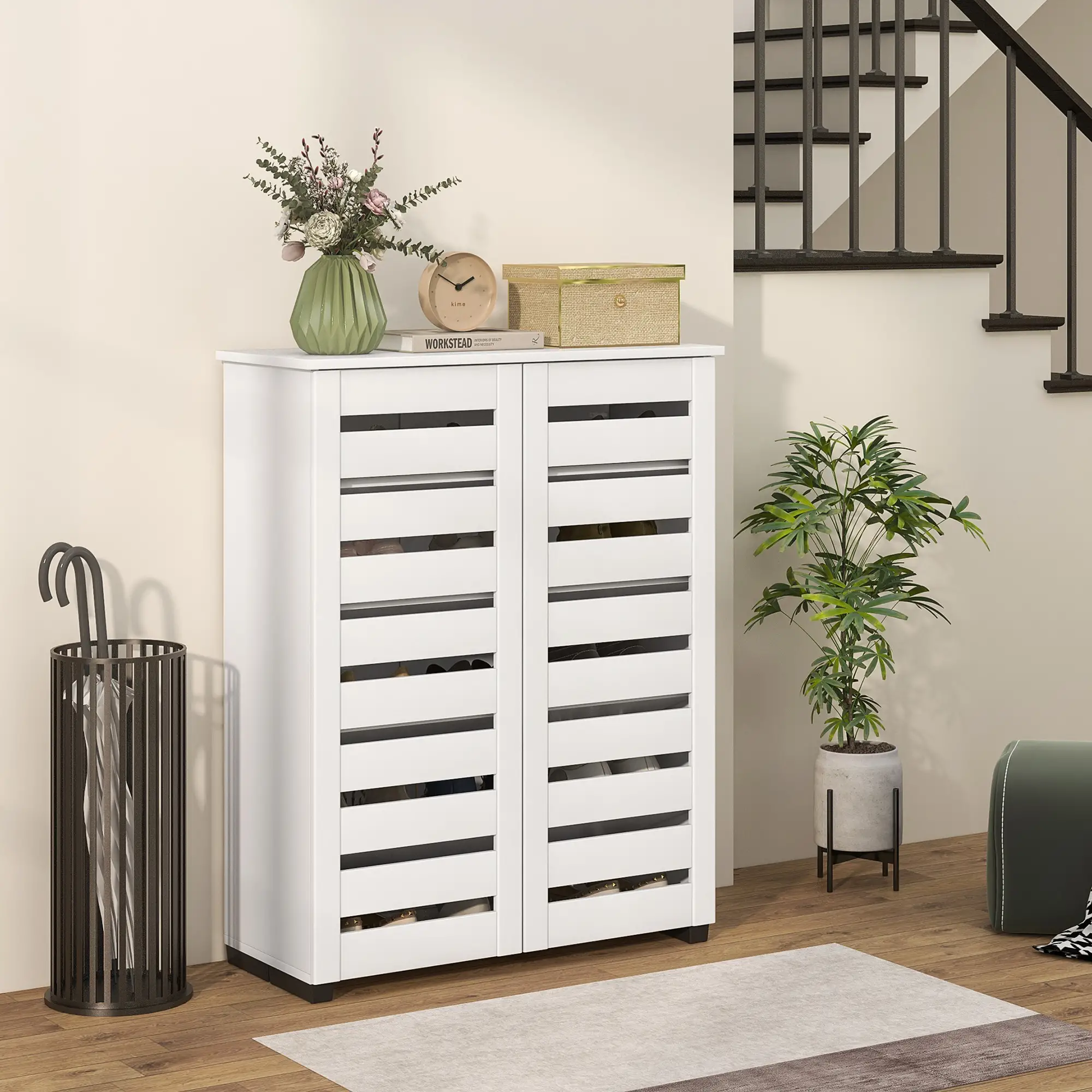 Shoe Storage Cabinet, 2 Slatted Doors, Holds 15 Pairs, White - Image 8