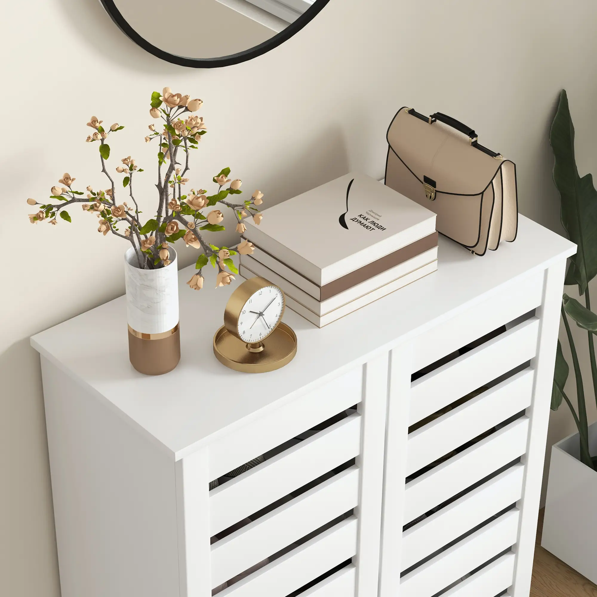 Shoe Storage Cabinet, 2 Slatted Doors, Holds 15 Pairs, White - Image 9