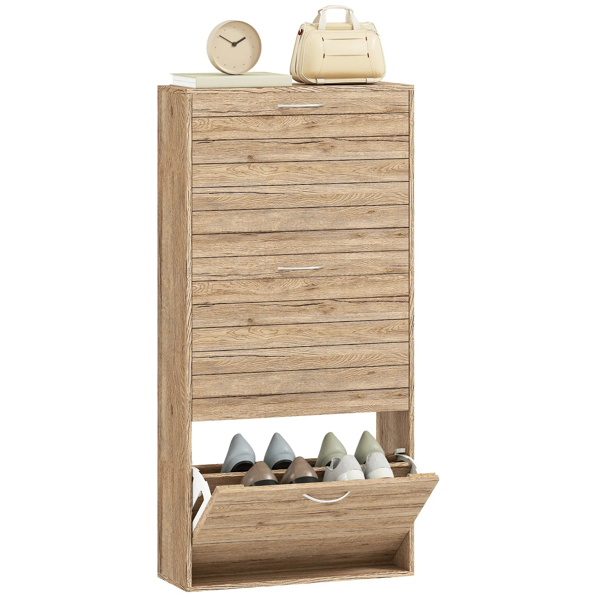 Shoe Storage Cabinet, 3 Flip Drawers, 12 Pair Organizer, Oak - Image 11