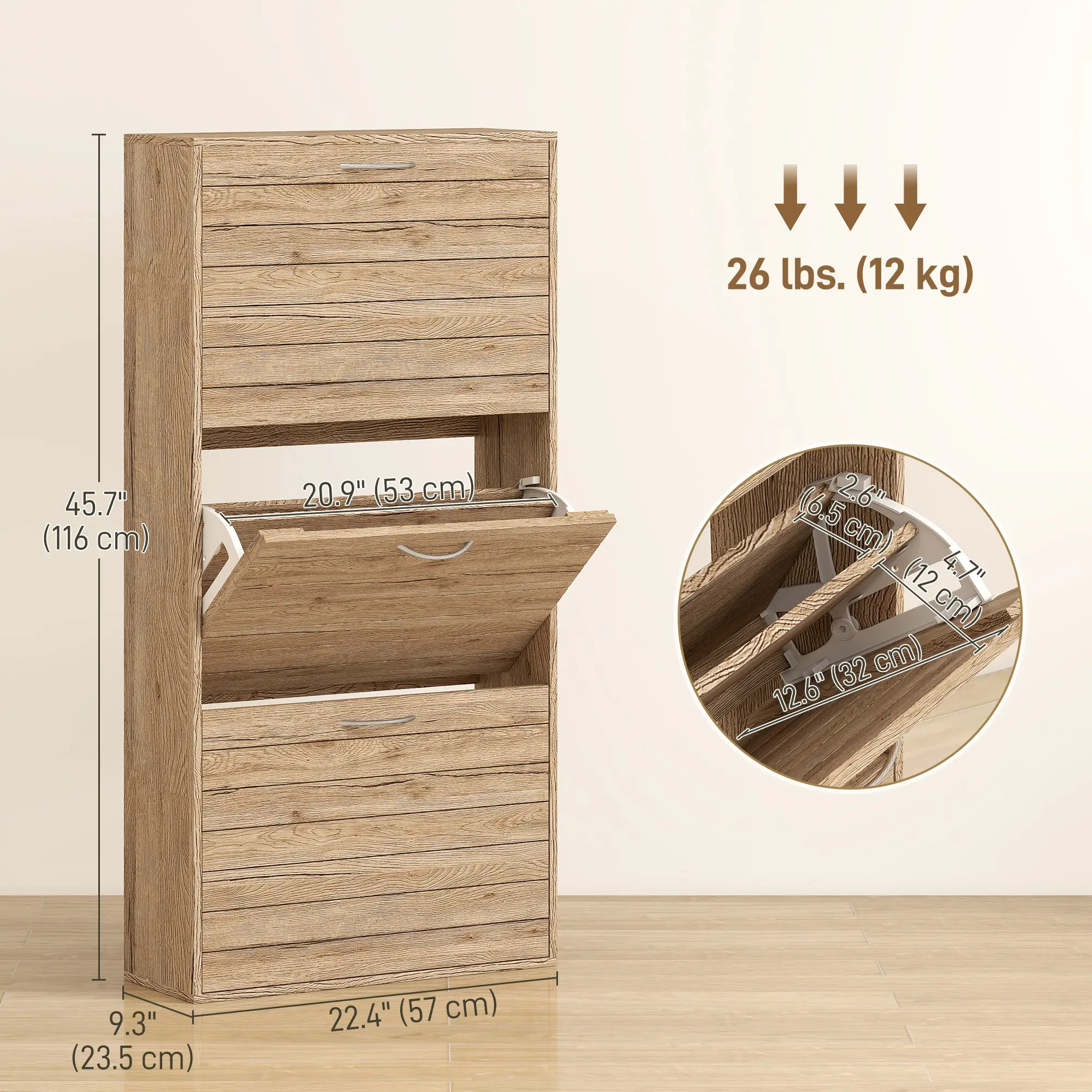 Shoe Storage Cabinet, 3 Flip Drawers, 12 Pair Organizer, Oak - Image 3