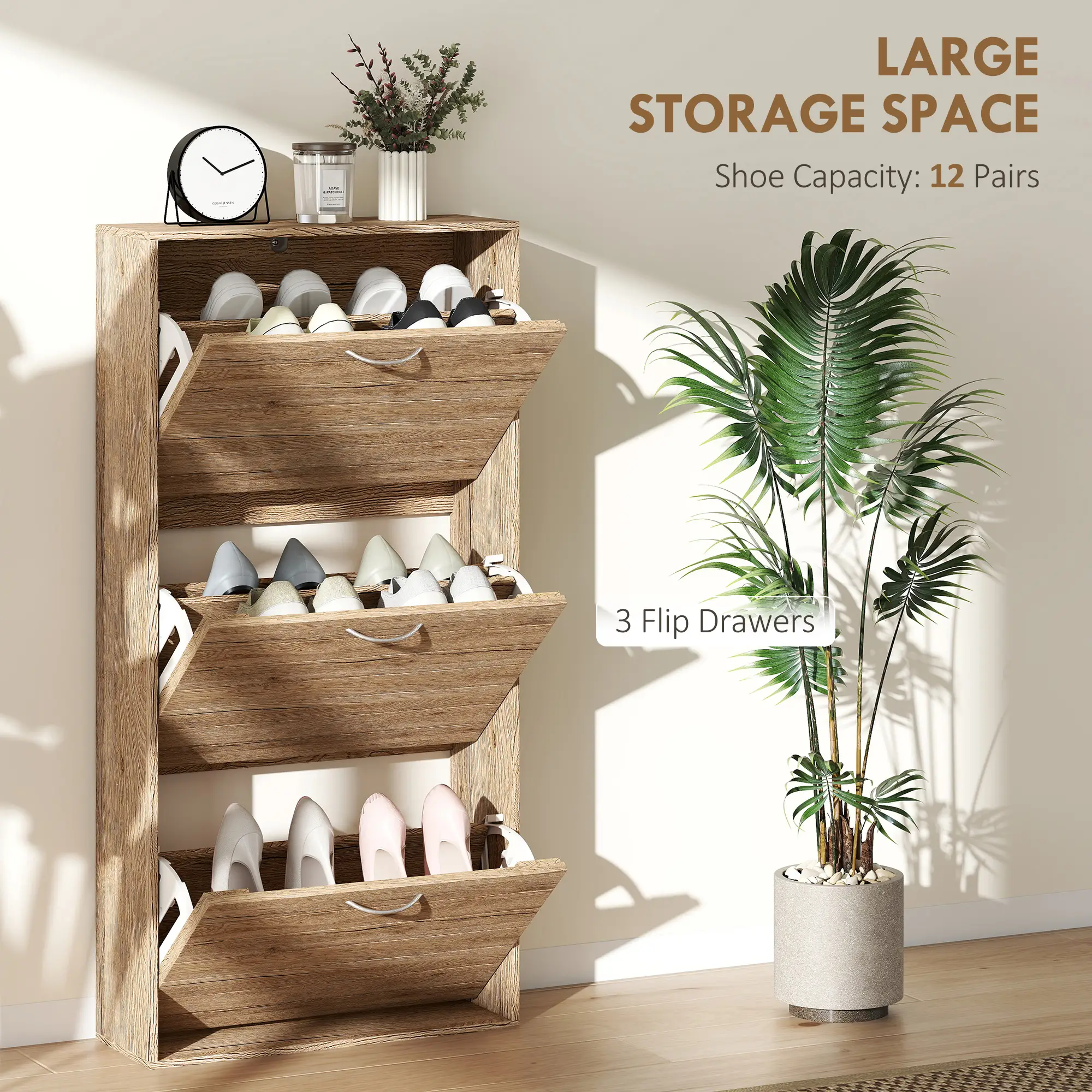 Shoe Storage Cabinet, 3 Flip Drawers, 12 Pair Organizer, Oak - Image 4